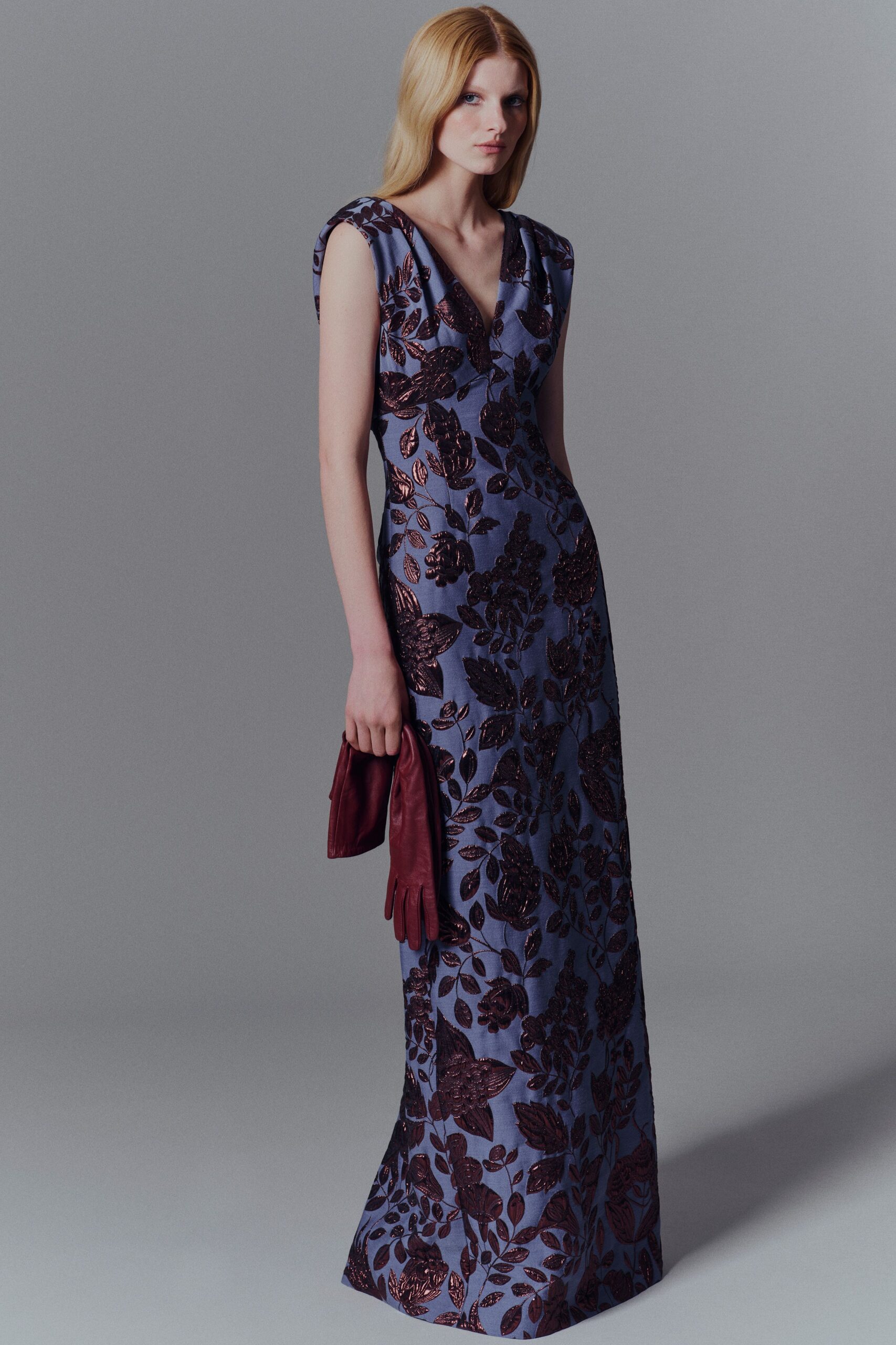 blue silk sleeveless v-neck fitted embroidered maxi gown