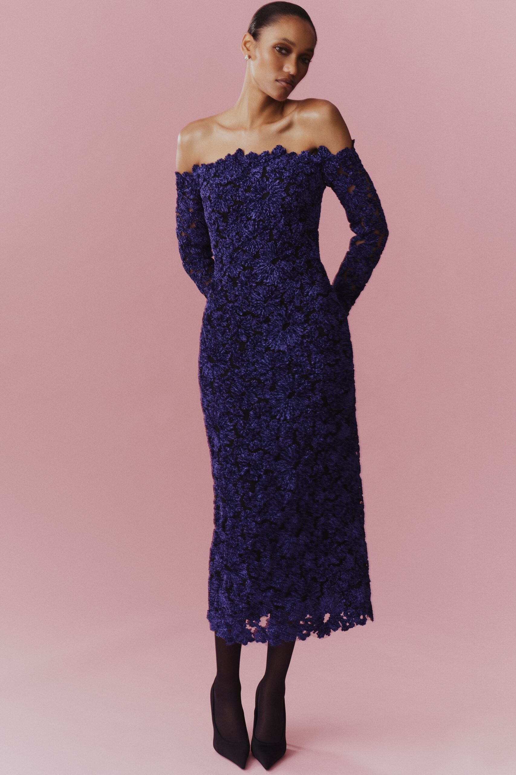 purple lace sleeveless off-shoulder fitted floral layered dress