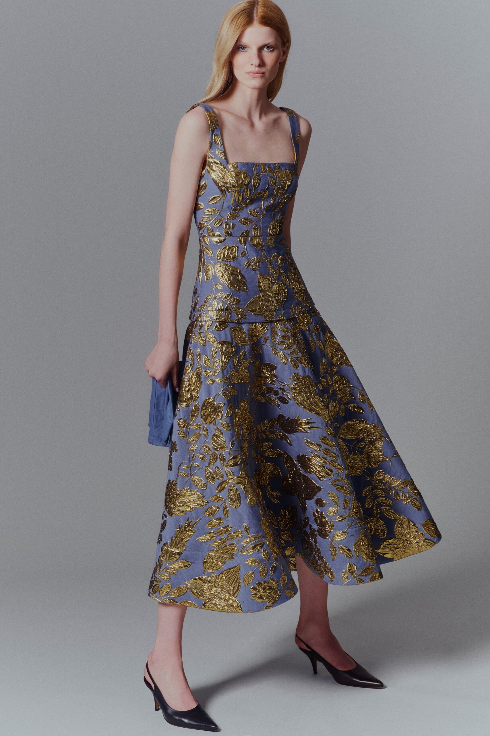 blue silk sleeveless square-neck fitted flared midi dress
