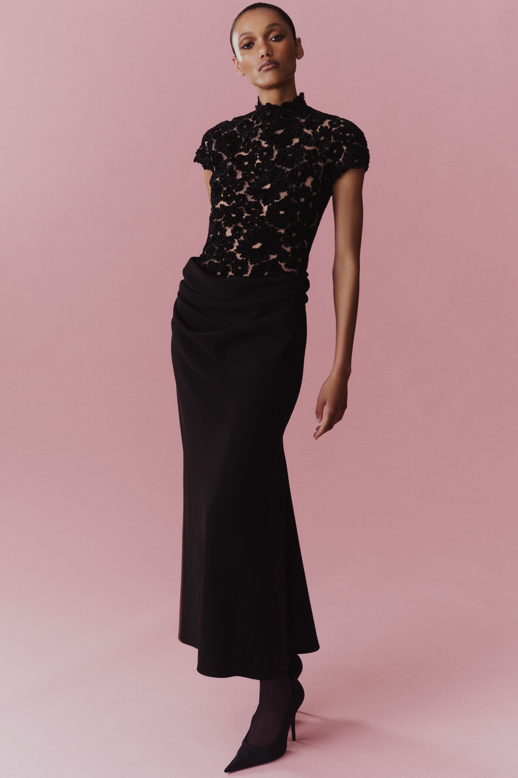 black silk slit fitted draped midi skirt