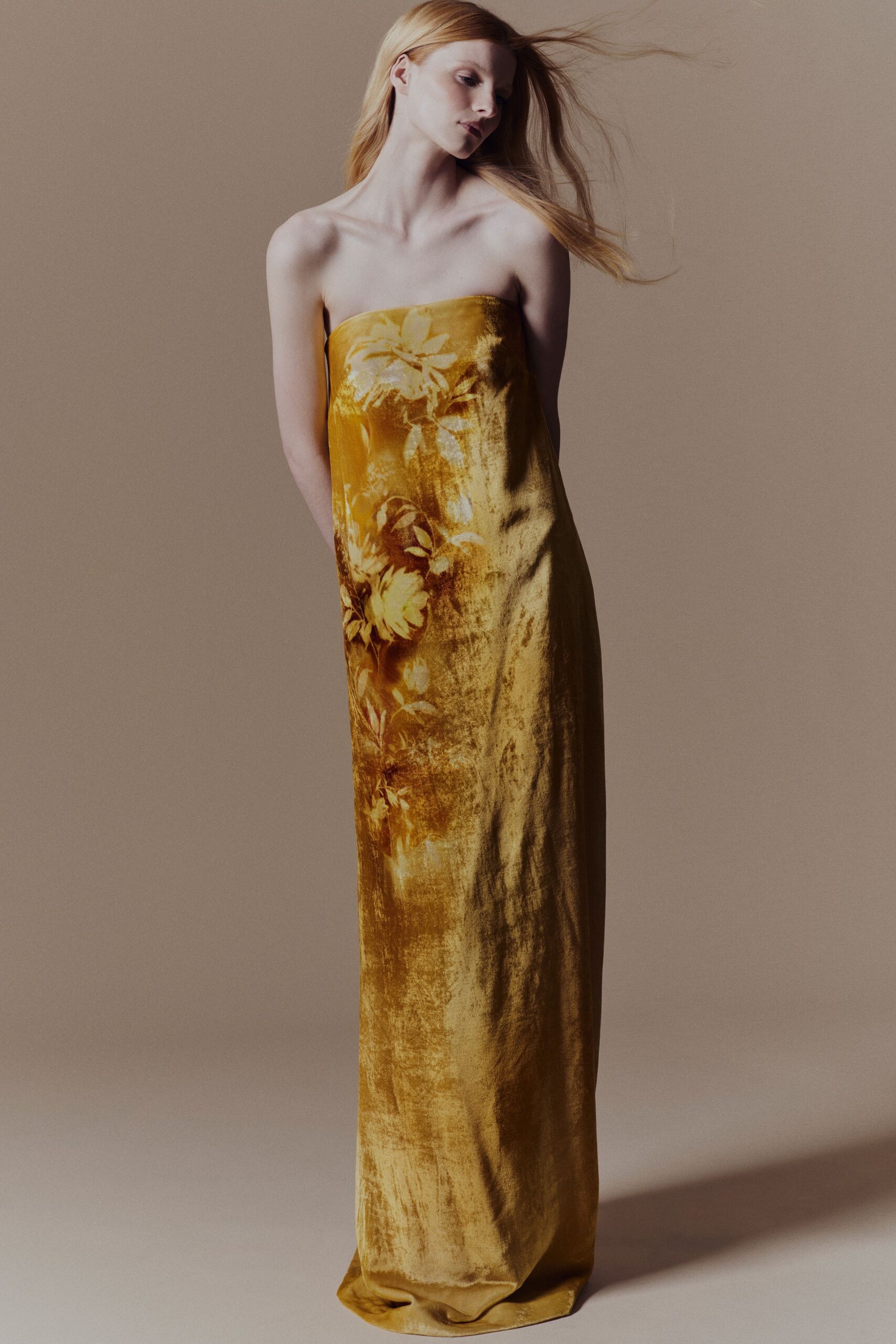 yellow floral velvet gown