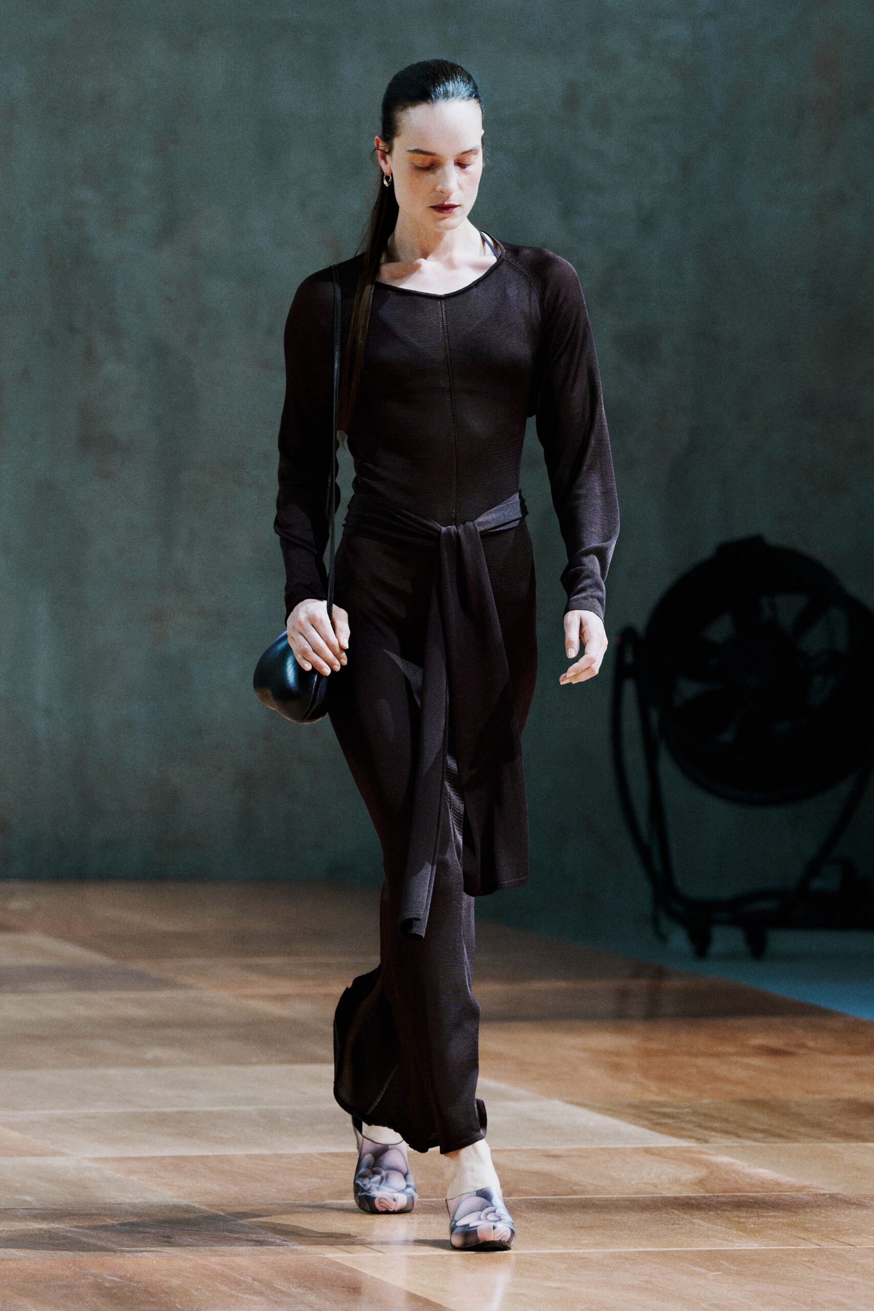 brown cotton long-sleeve square-neck fitted belted jumpsuit