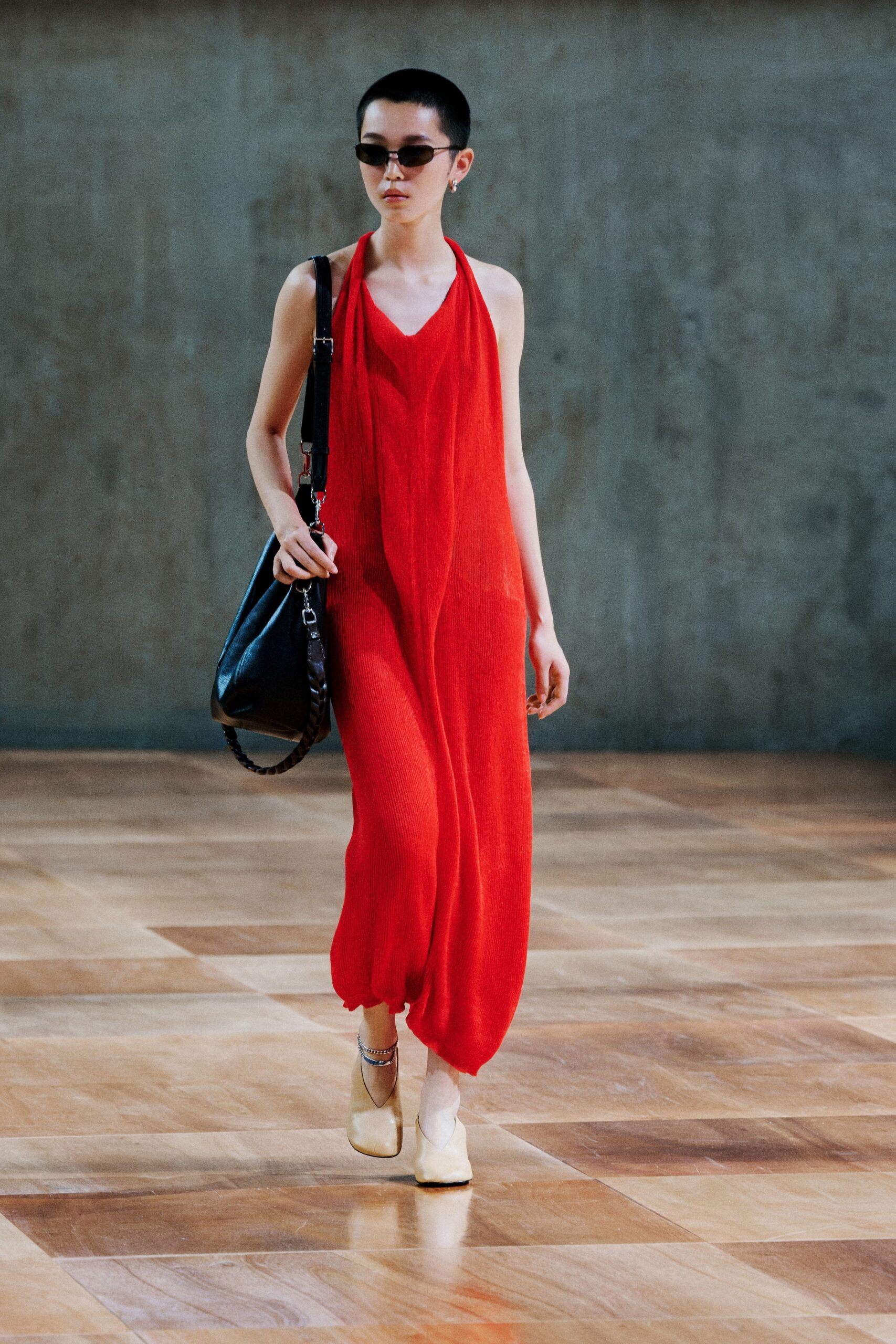 red chiffon sleeveless v-neck relaxed flowing maxi dress
