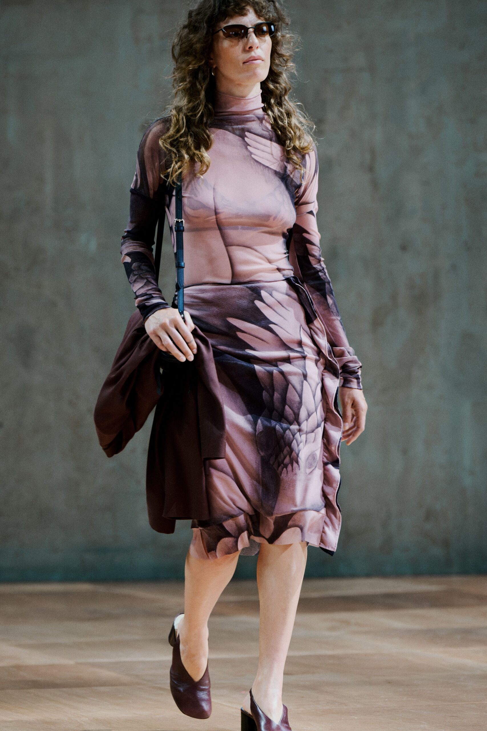 multi silk long-sleeve high-neck fitted printed midi dress
