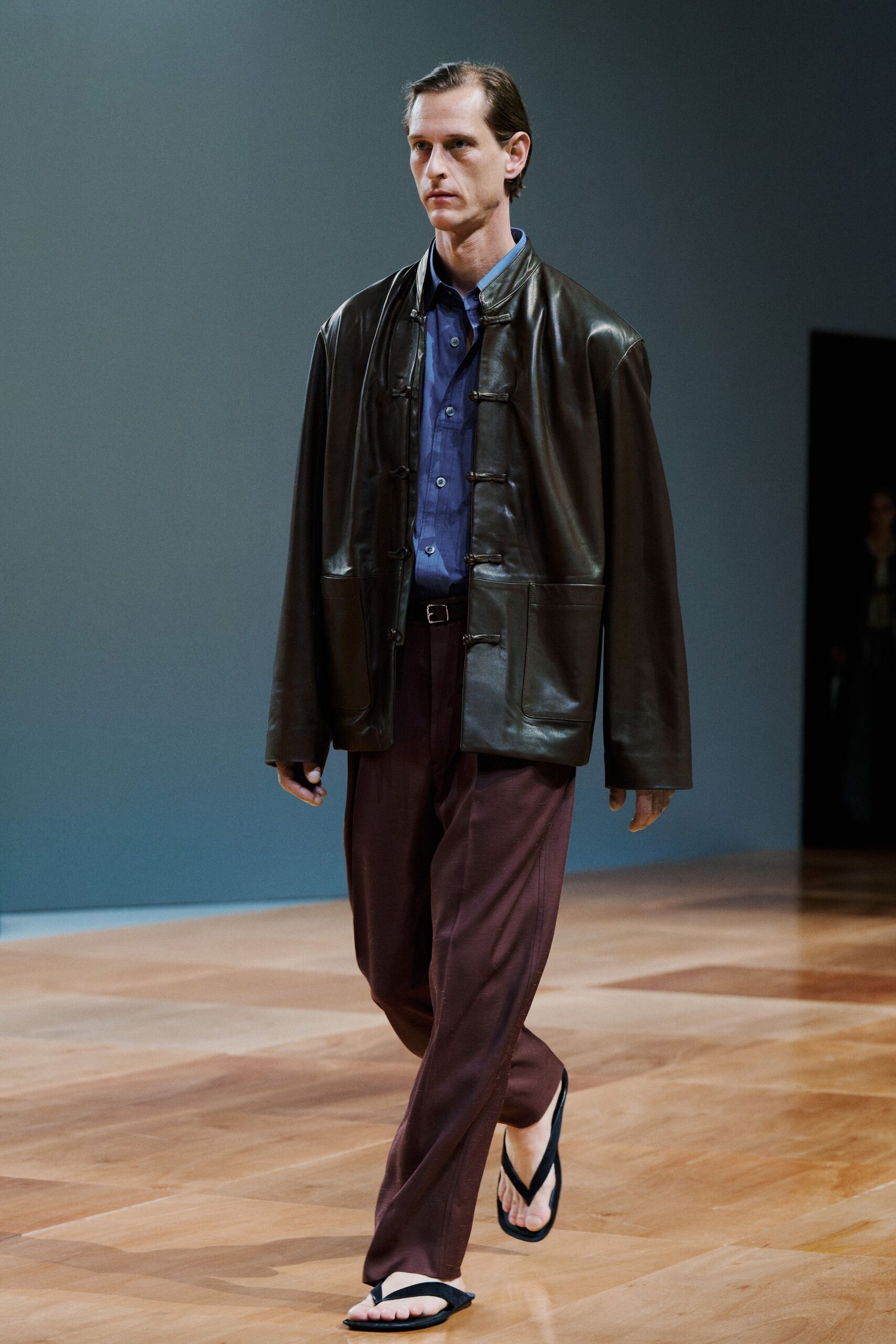 brown leather long-sleeve oversized jacket