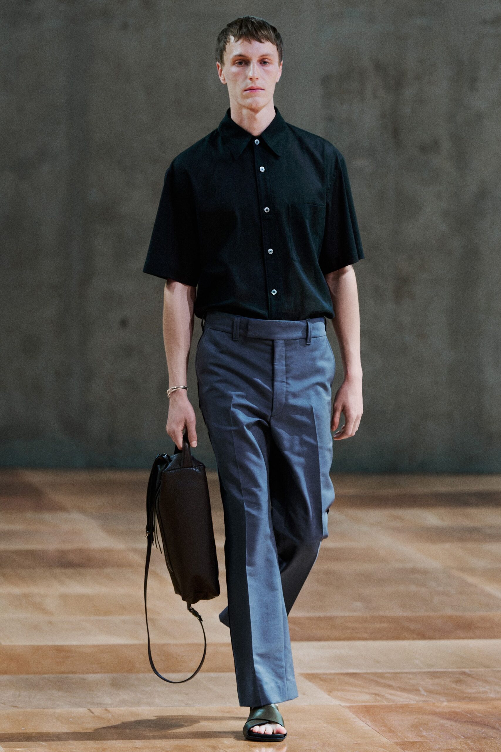 blue cotton tailored straight-leg pants