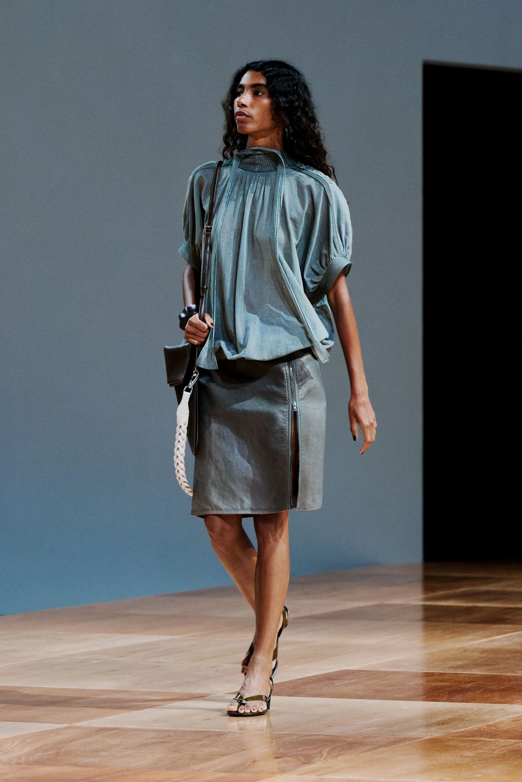 blue silk short-sleeve high-neck relaxed pleated top