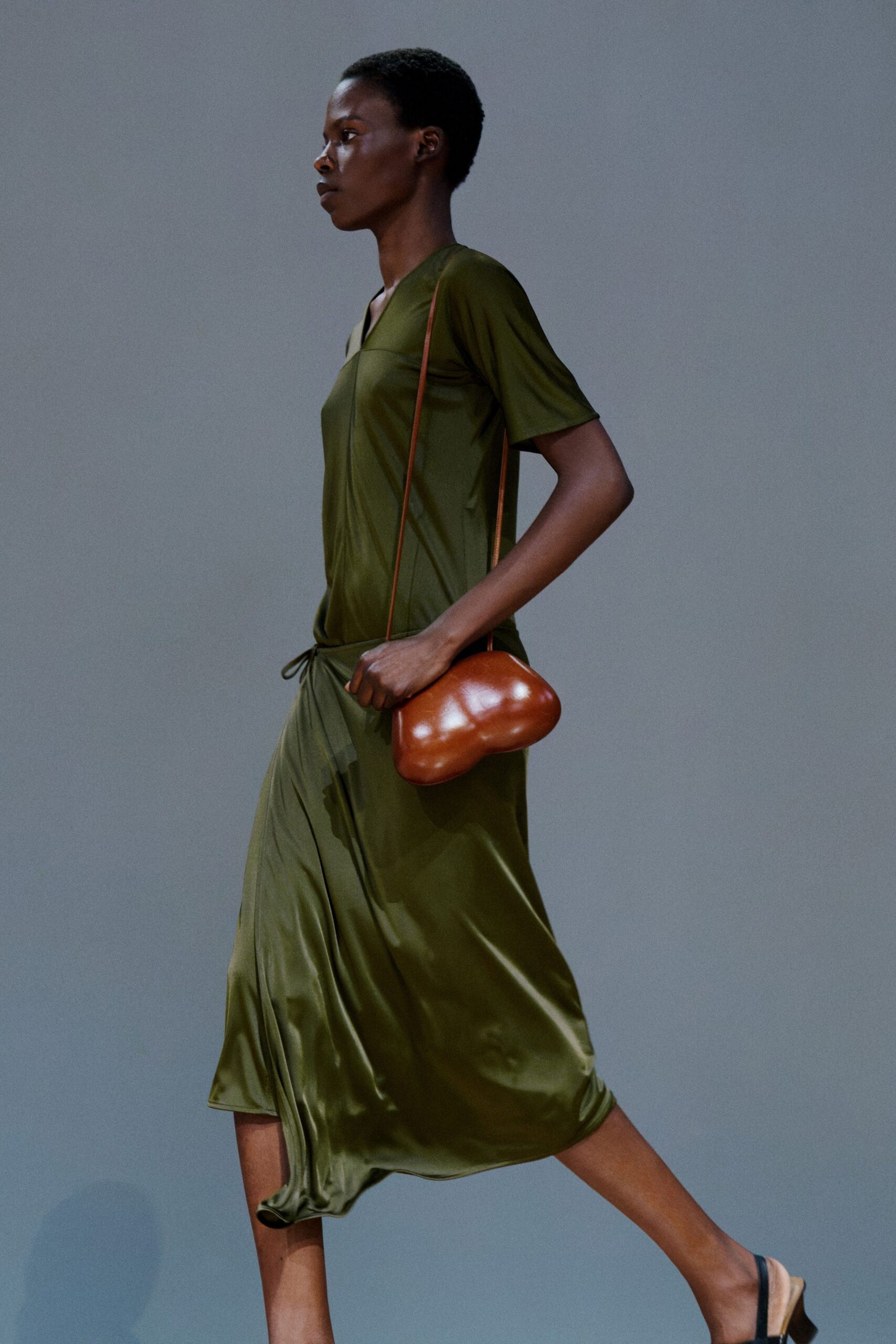green silk short-sleeve v-neck relaxed draped flowing dress
