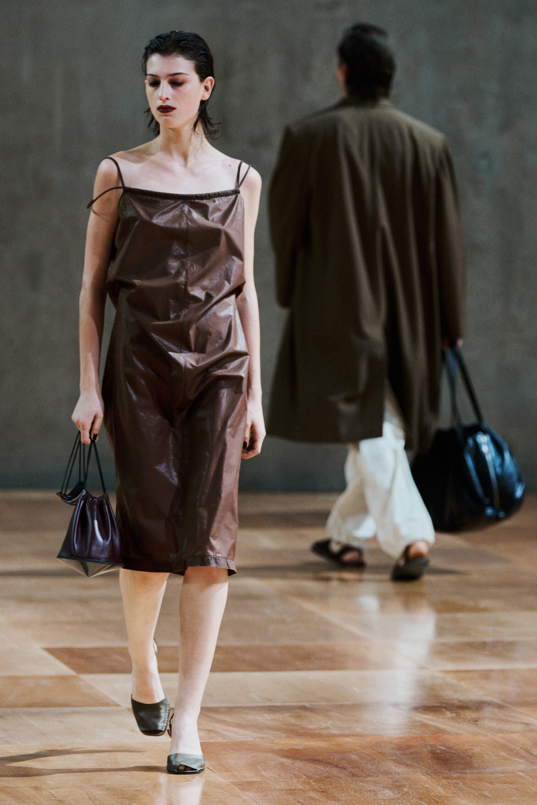 brown leather sleeveless square-neck fitted midi dress