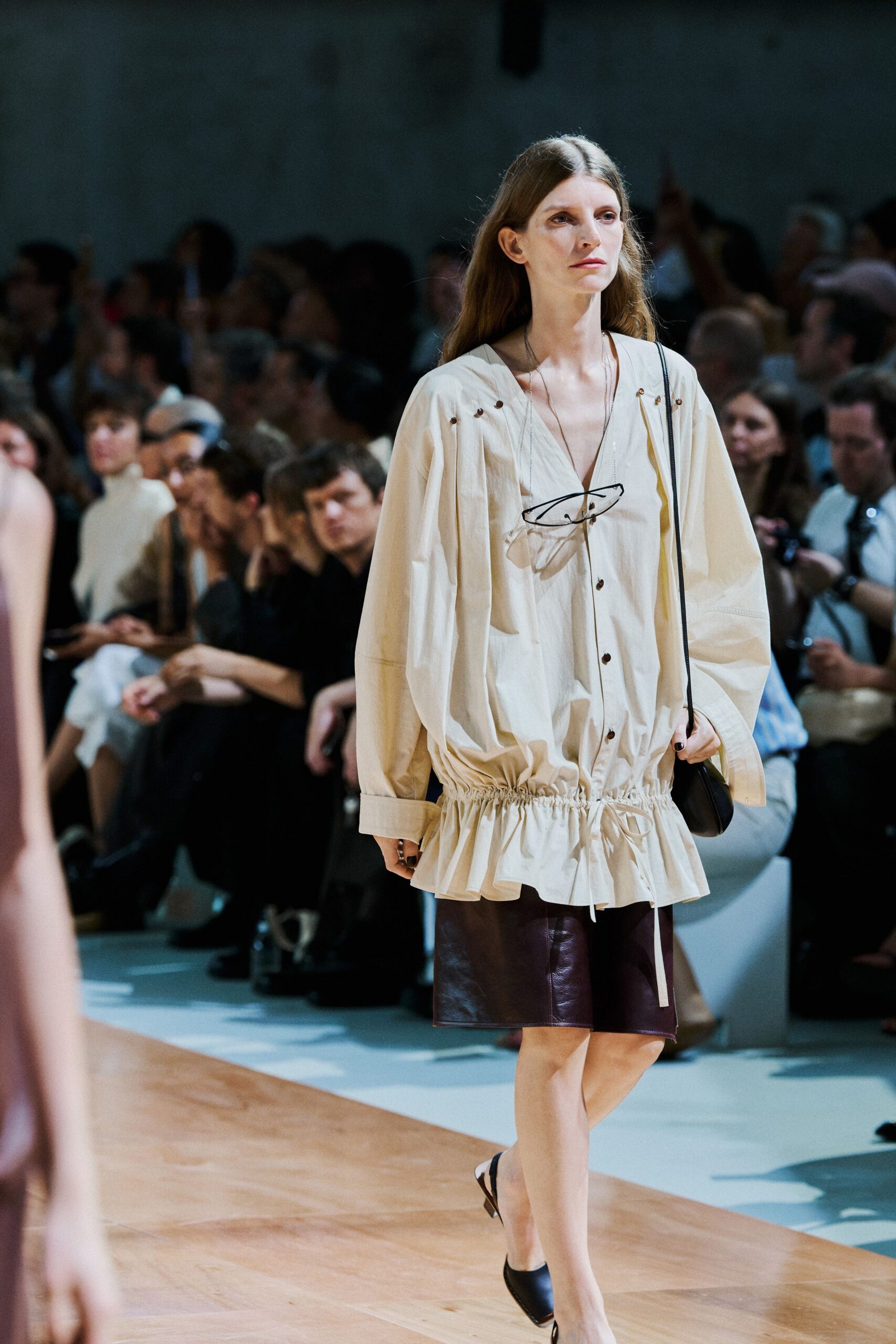 beige cotton long-sleeve collared relaxed pleated zippered shirt-dress