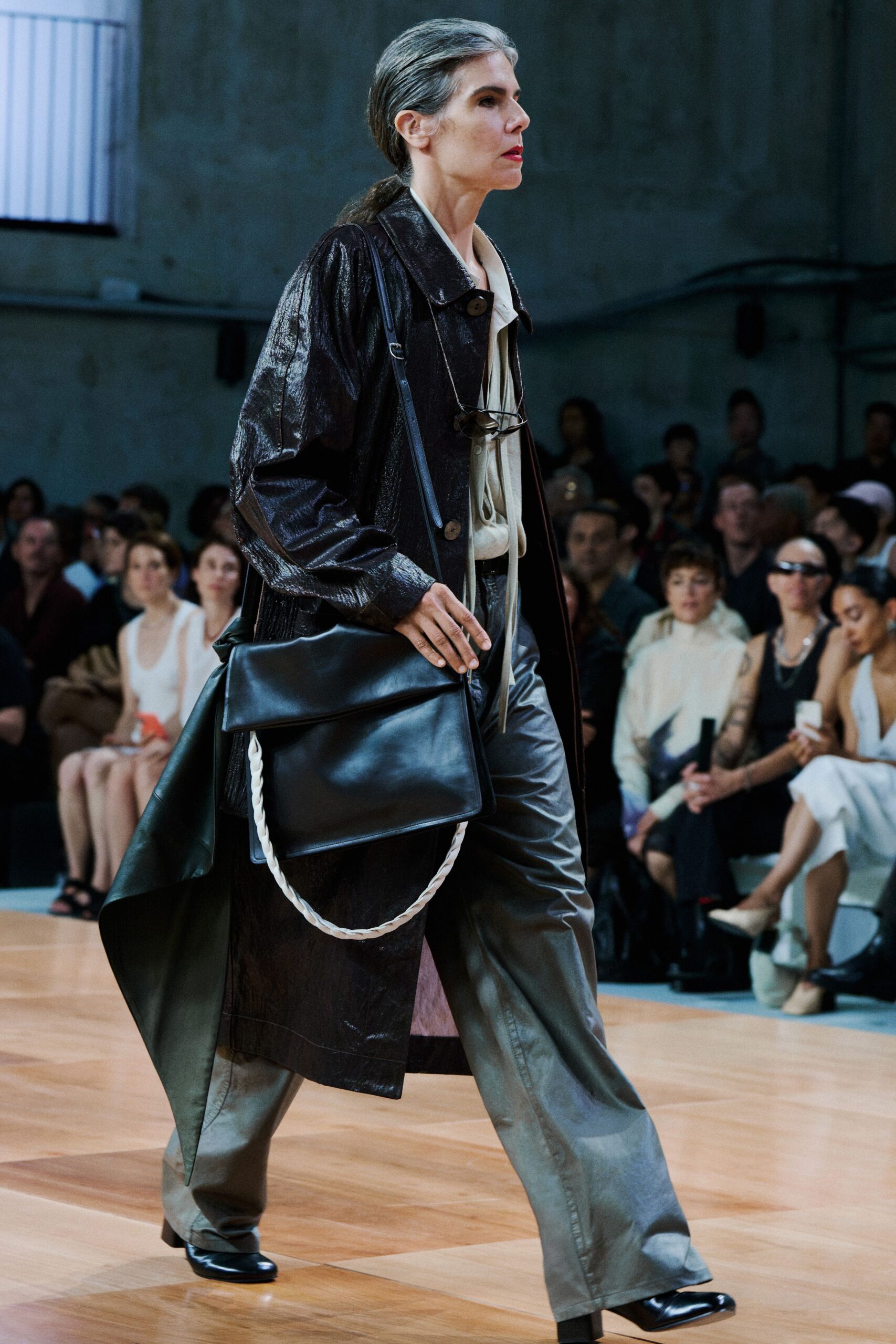 brown leather long-sleeve collared relaxed zippered shiny coat