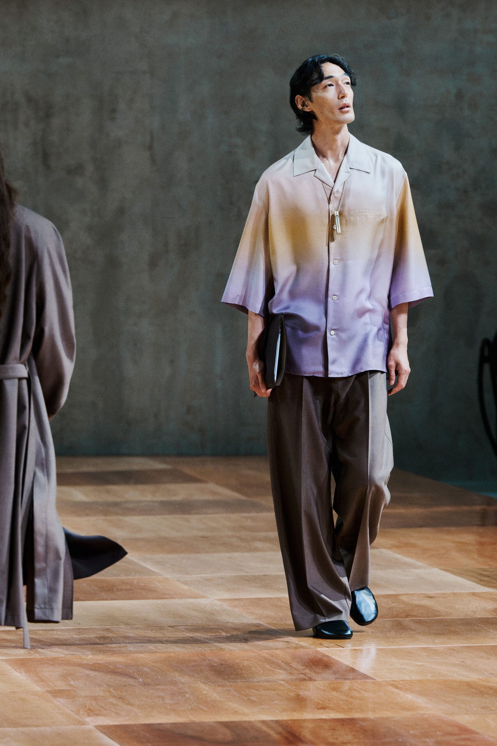 purple silk short-sleeve collared relaxed color-blocked shirt
