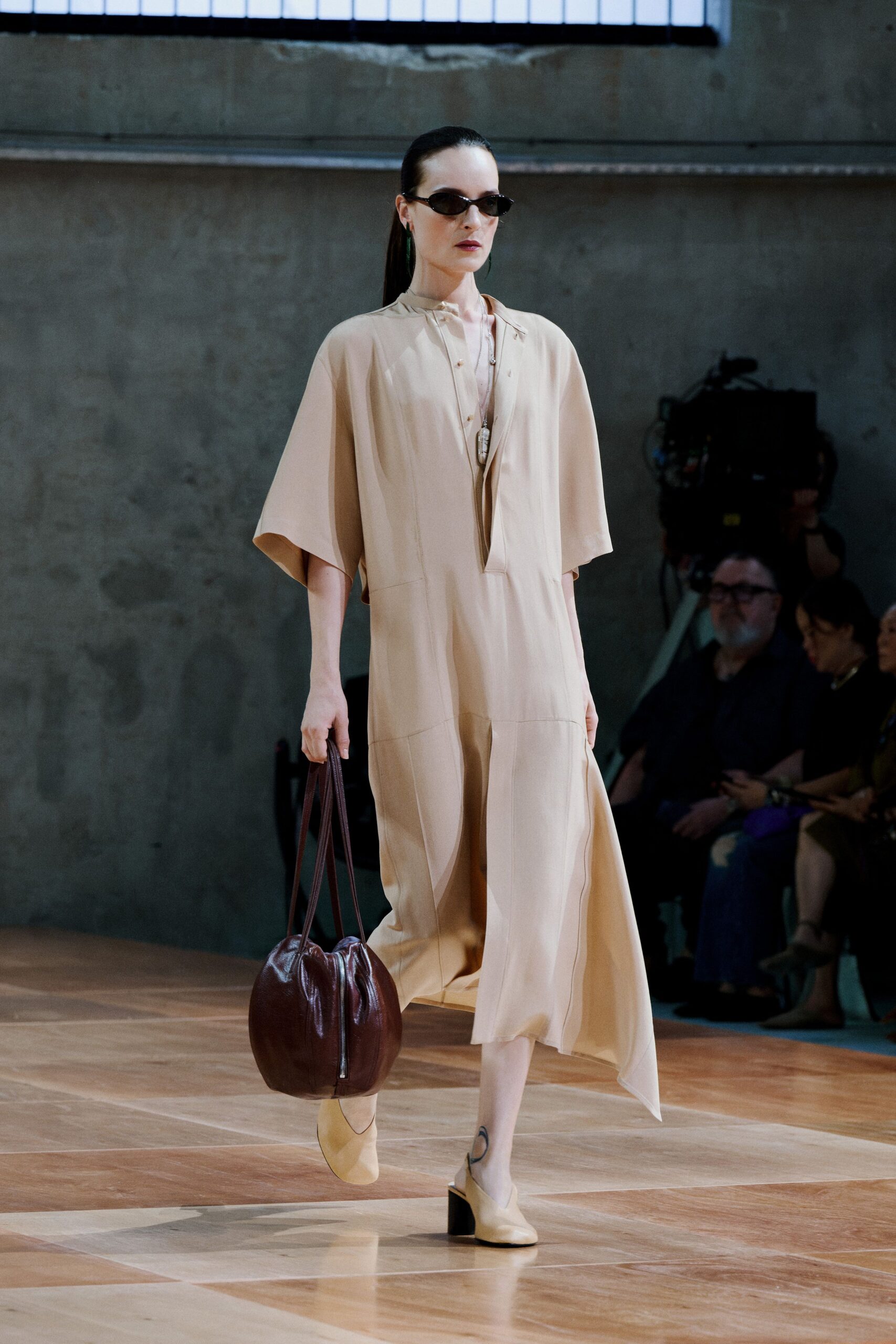 beige silk short-sleeve v-neck relaxed buttoned tiered dress