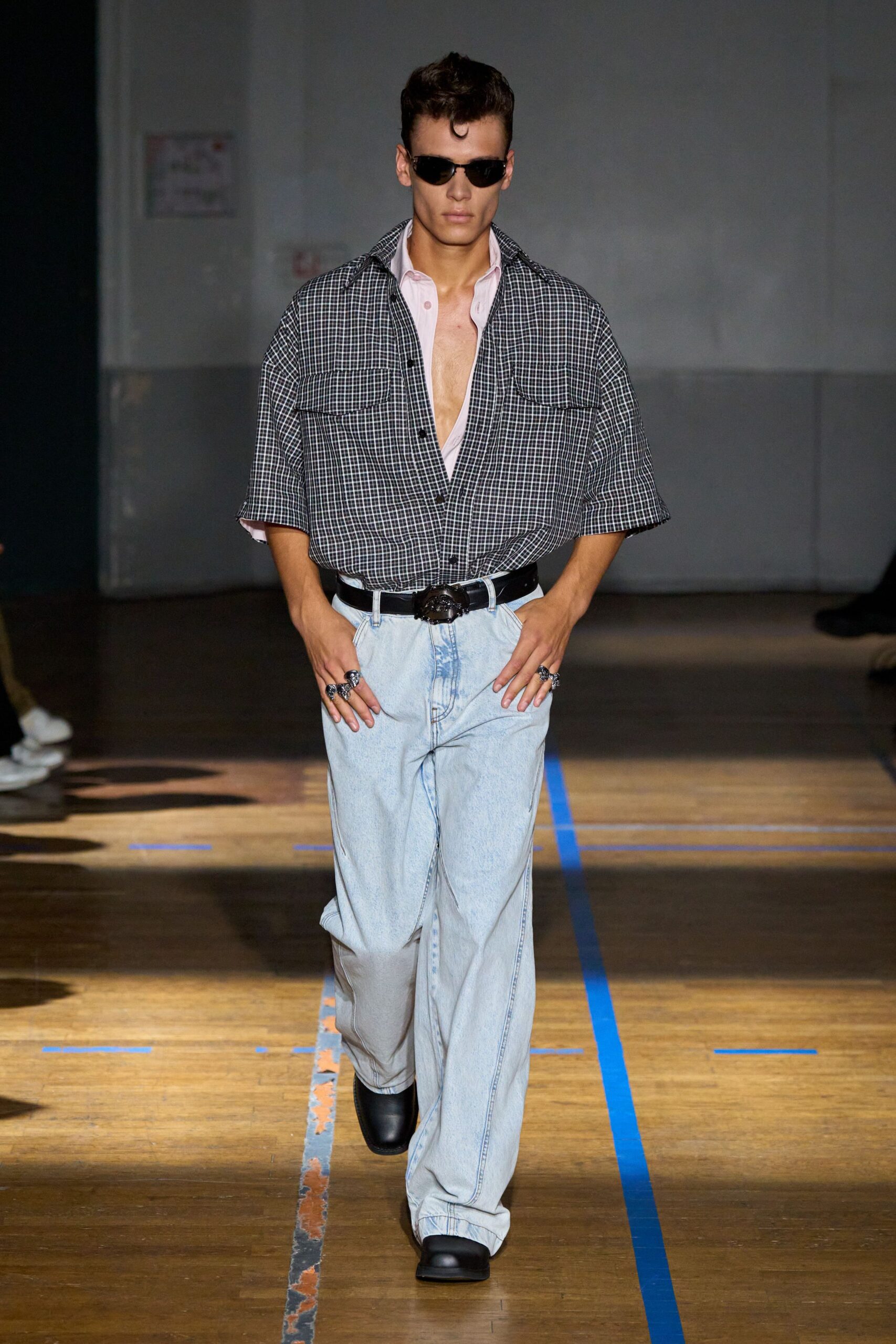 blue denim relaxed straight-leg pants
