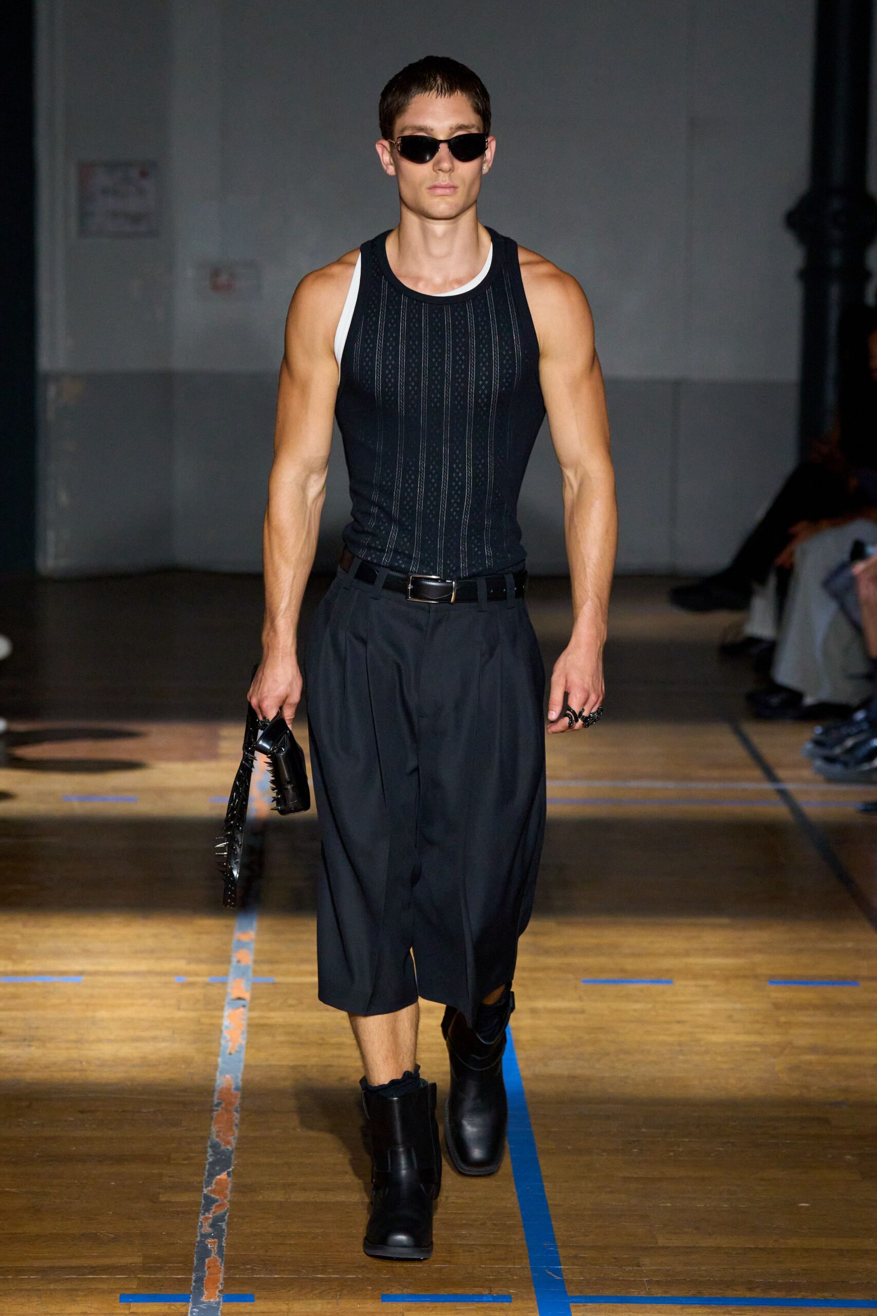 black cotton sleeveless high-neck fitted ribbed tank-top