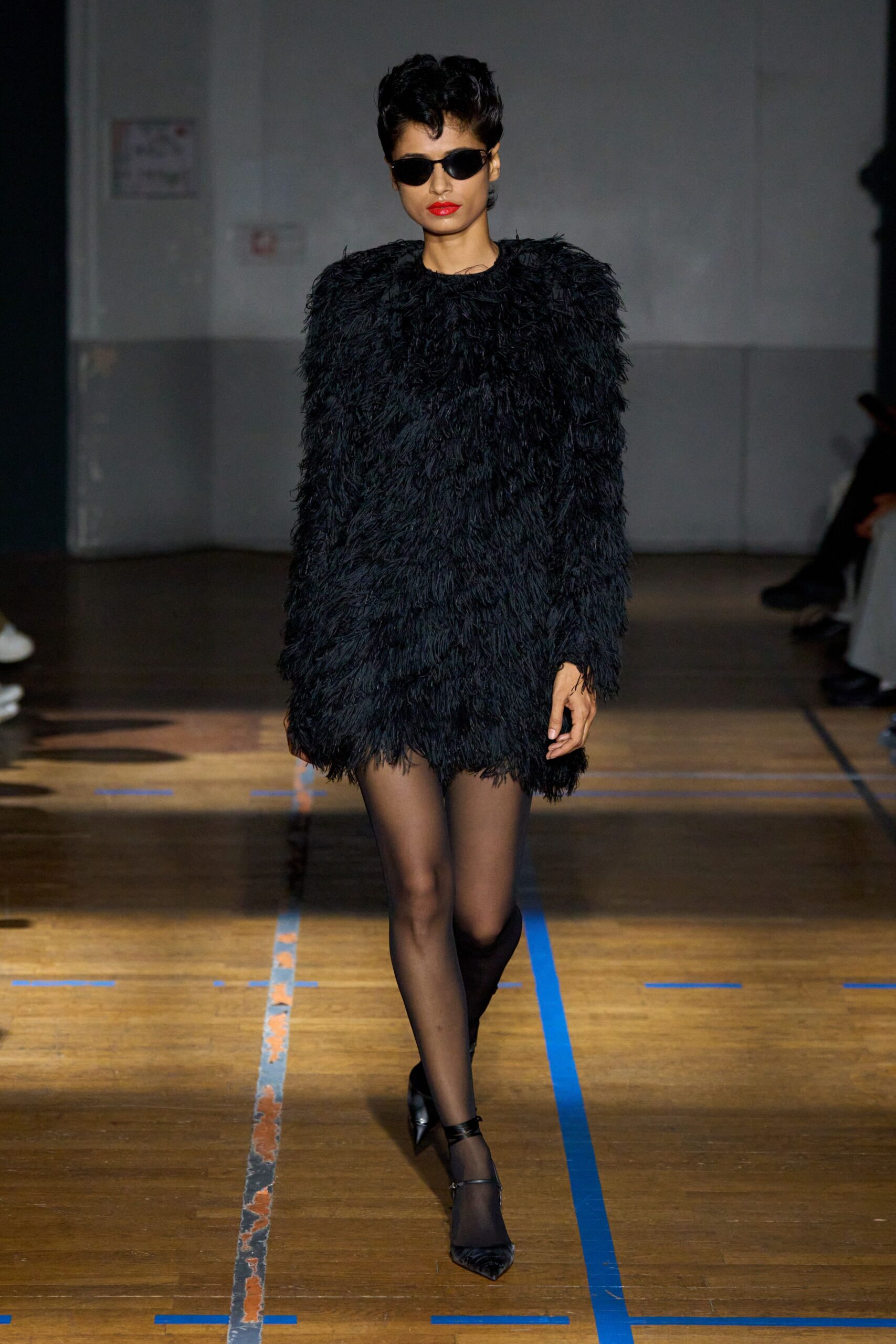 black fur long-sleeve high-neck fitted fringed mini dress