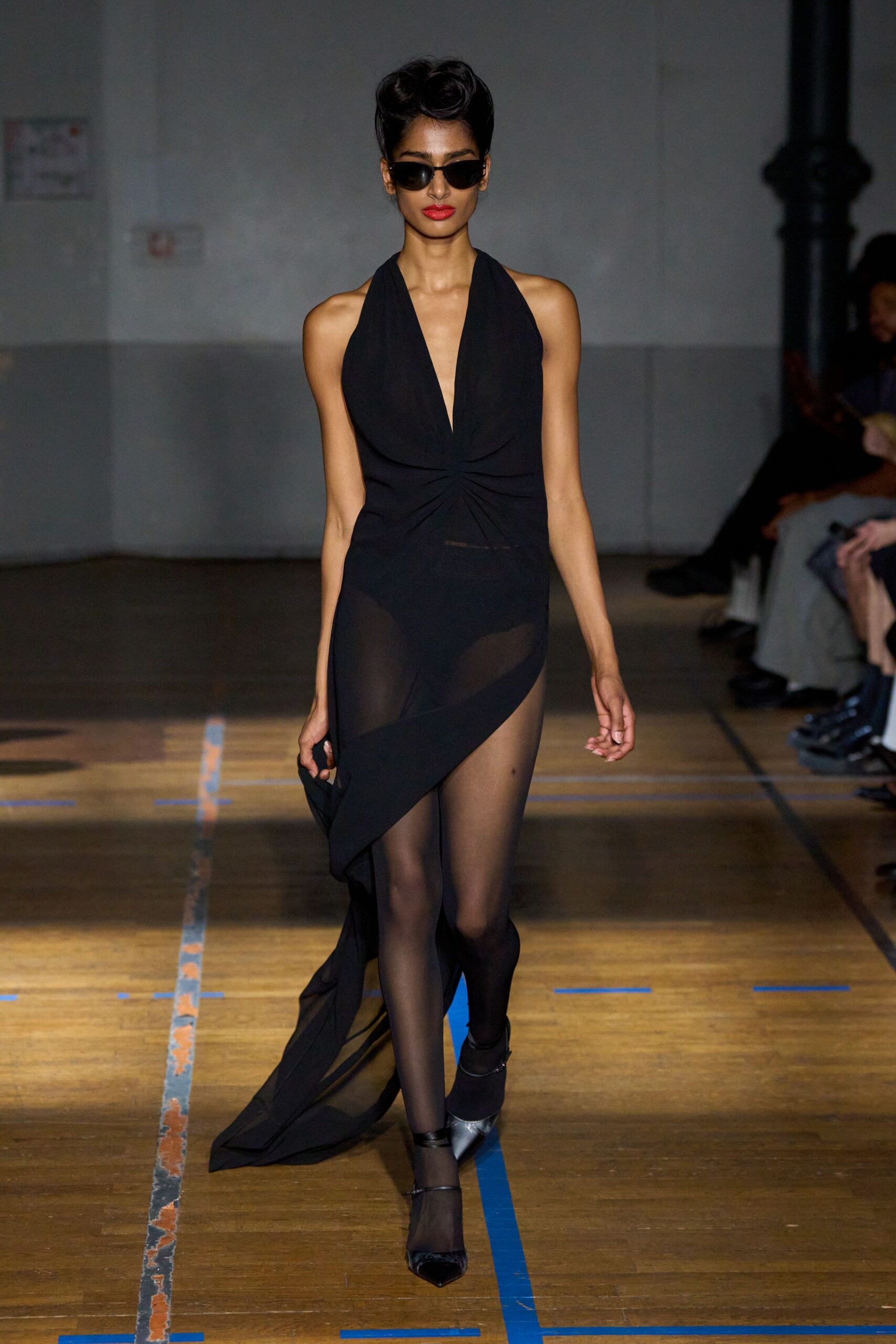 black silk sleeveless v-neck fitted ruched sheer dress