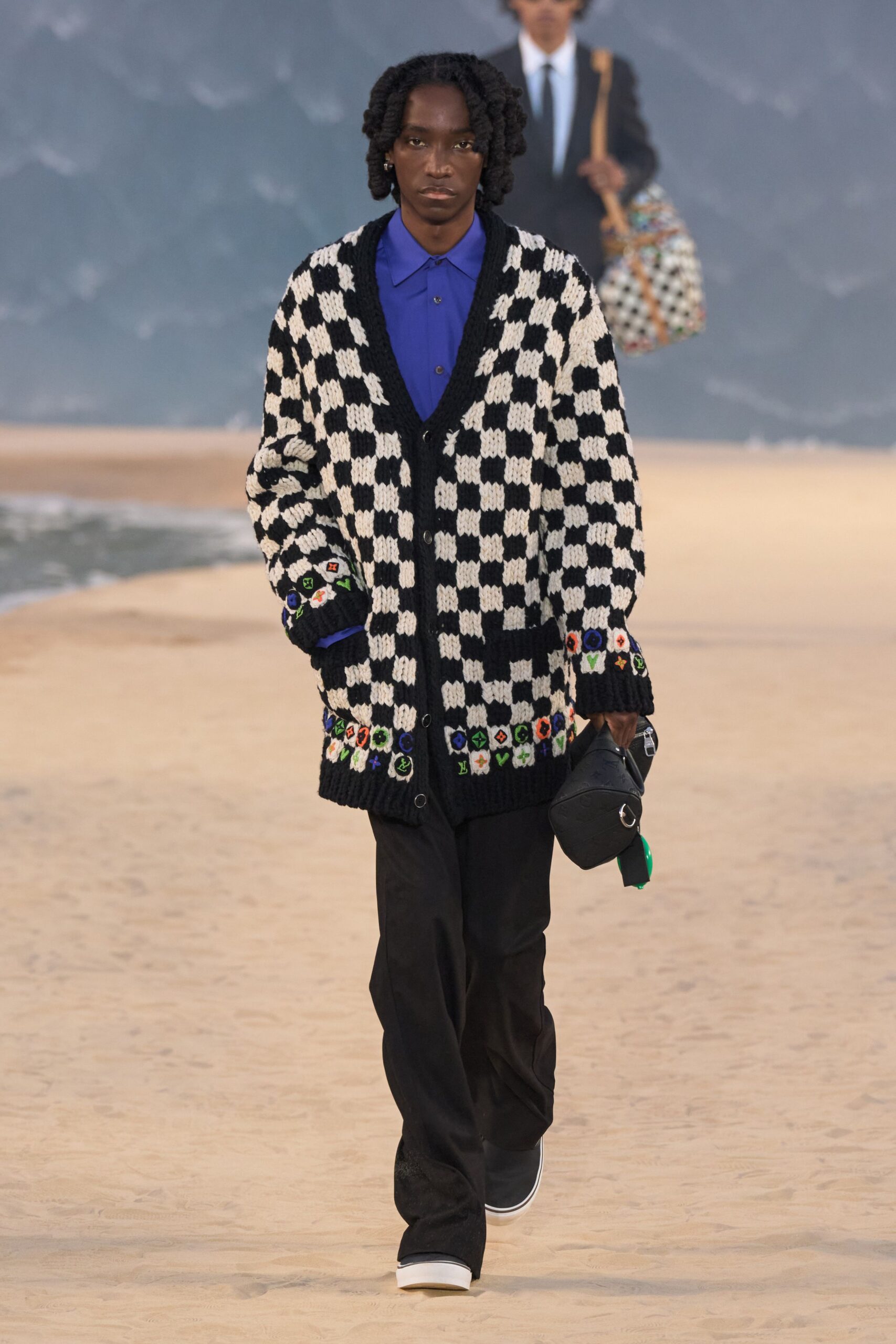 black cotton long-sleeve collared relaxed checked embroidered cardigan