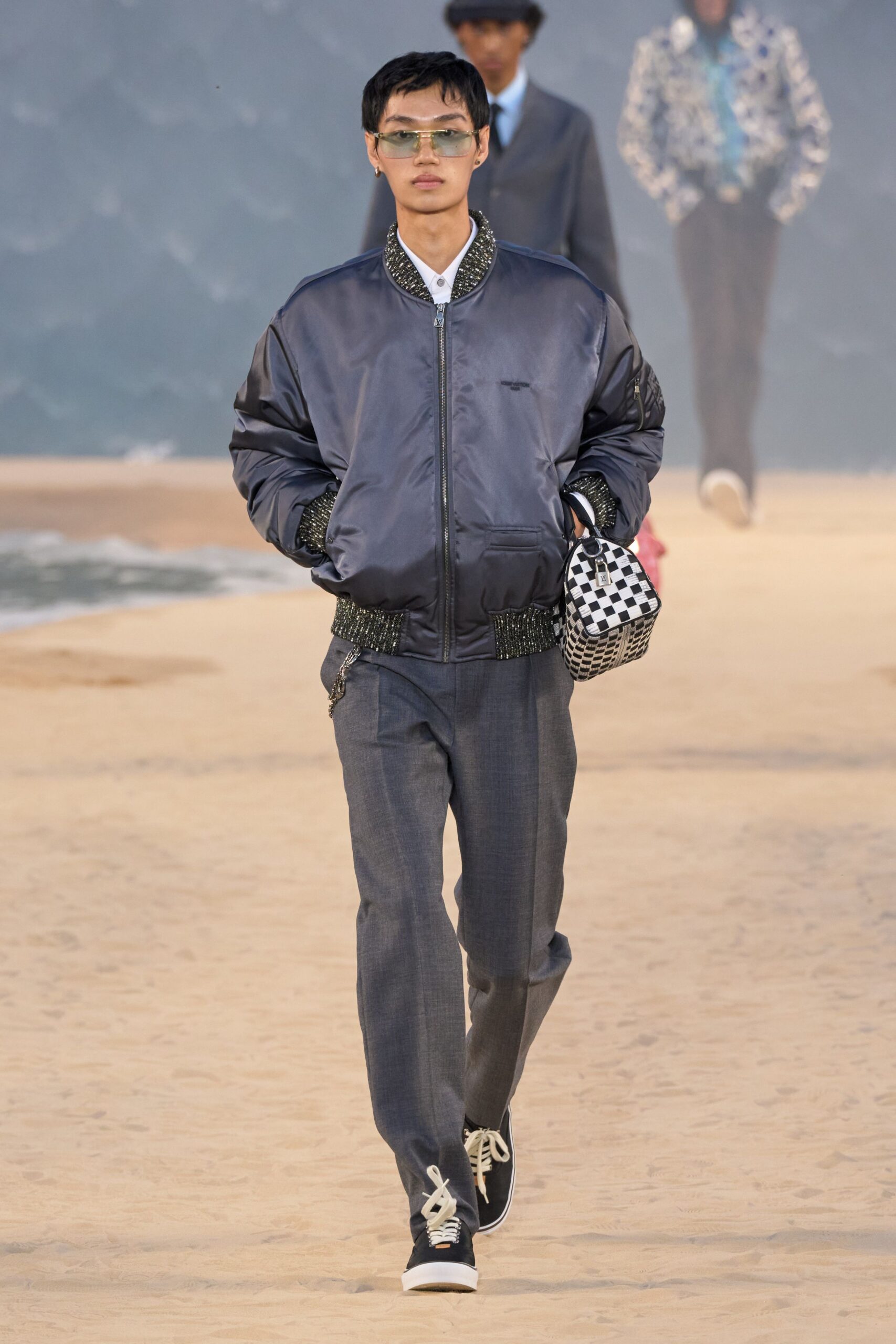 gray satin long-sleeve collared relaxed zippered jacket