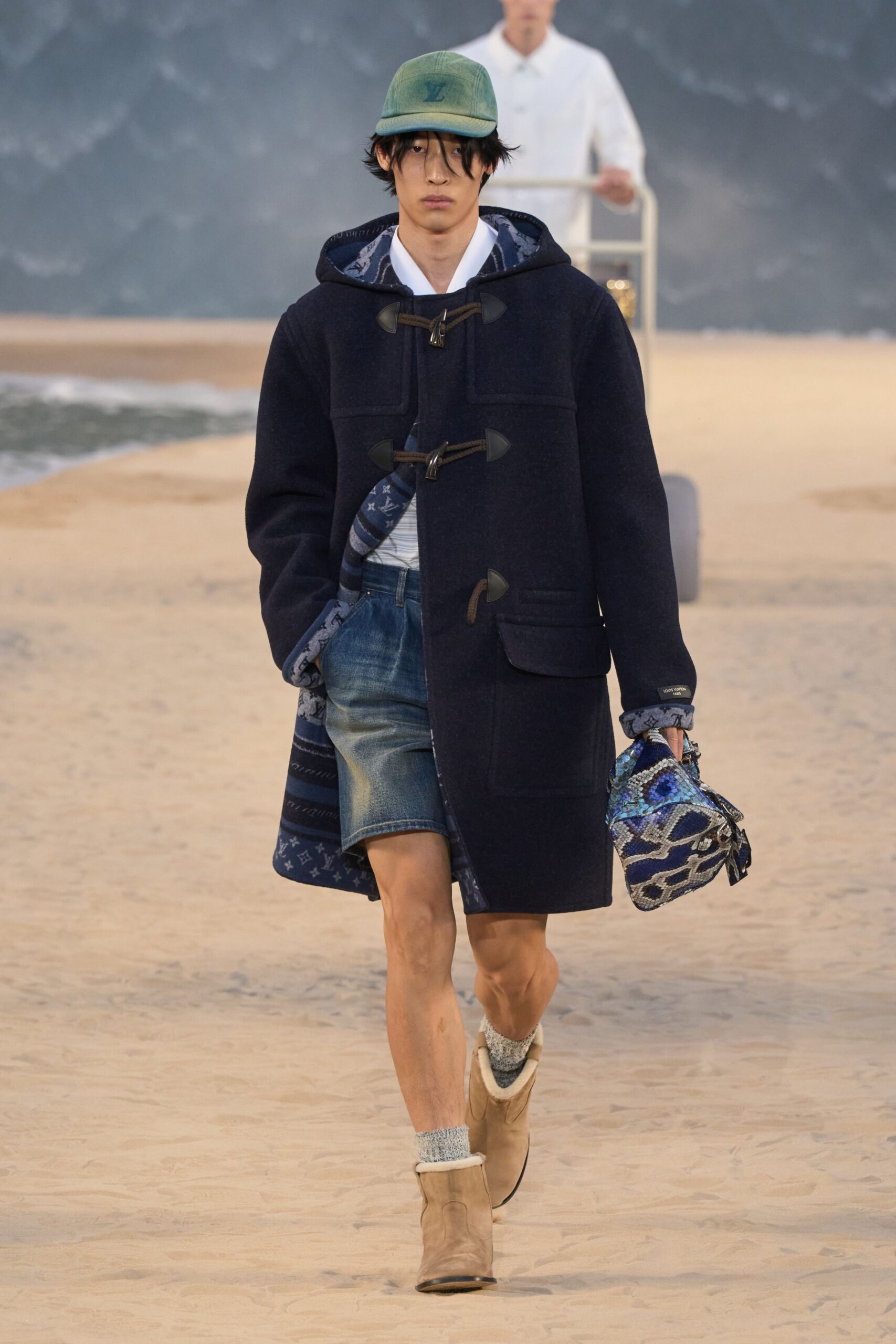 blue wool long-sleeve collared relaxed buttoned coat