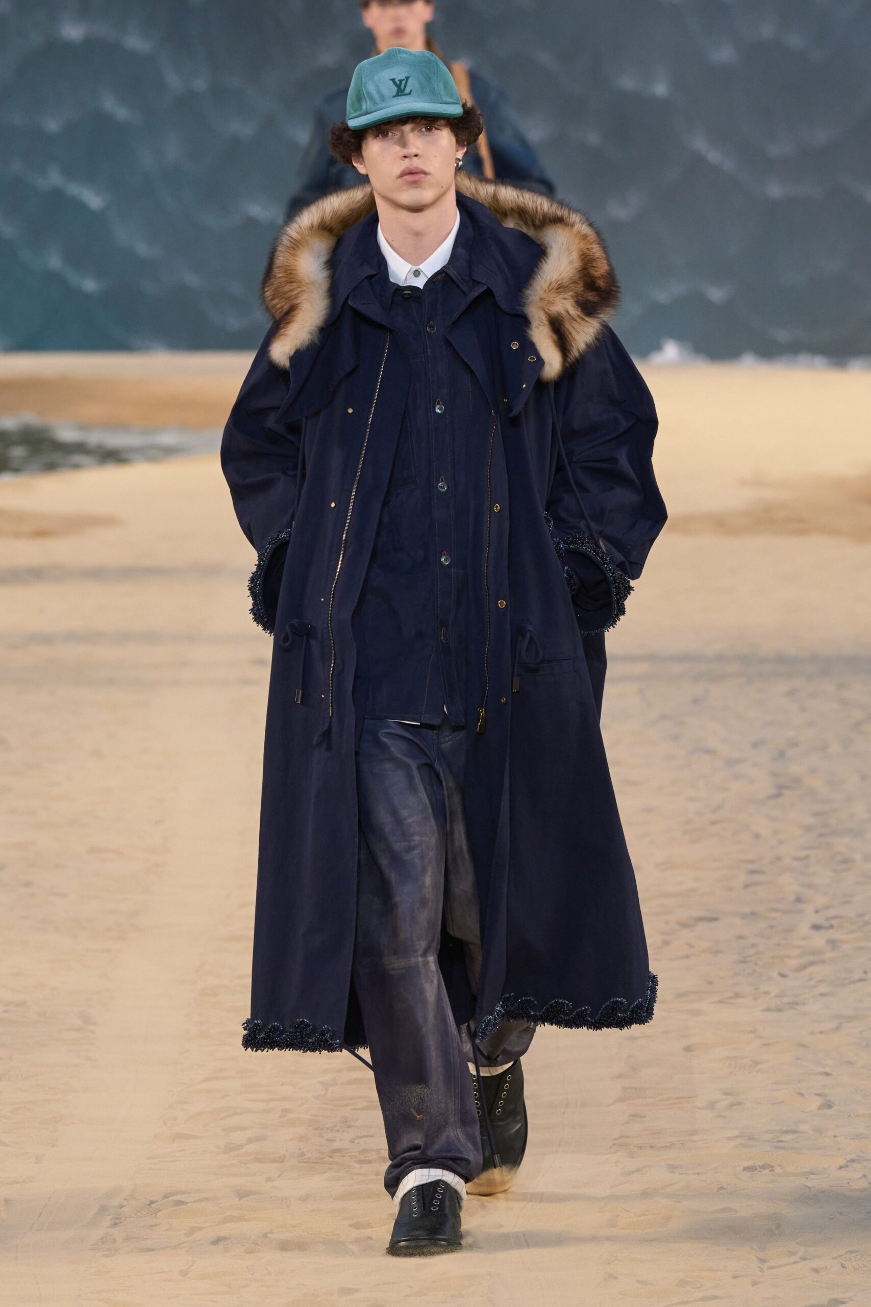 blue cotton long-sleeve collared relaxed fringed maxi coat