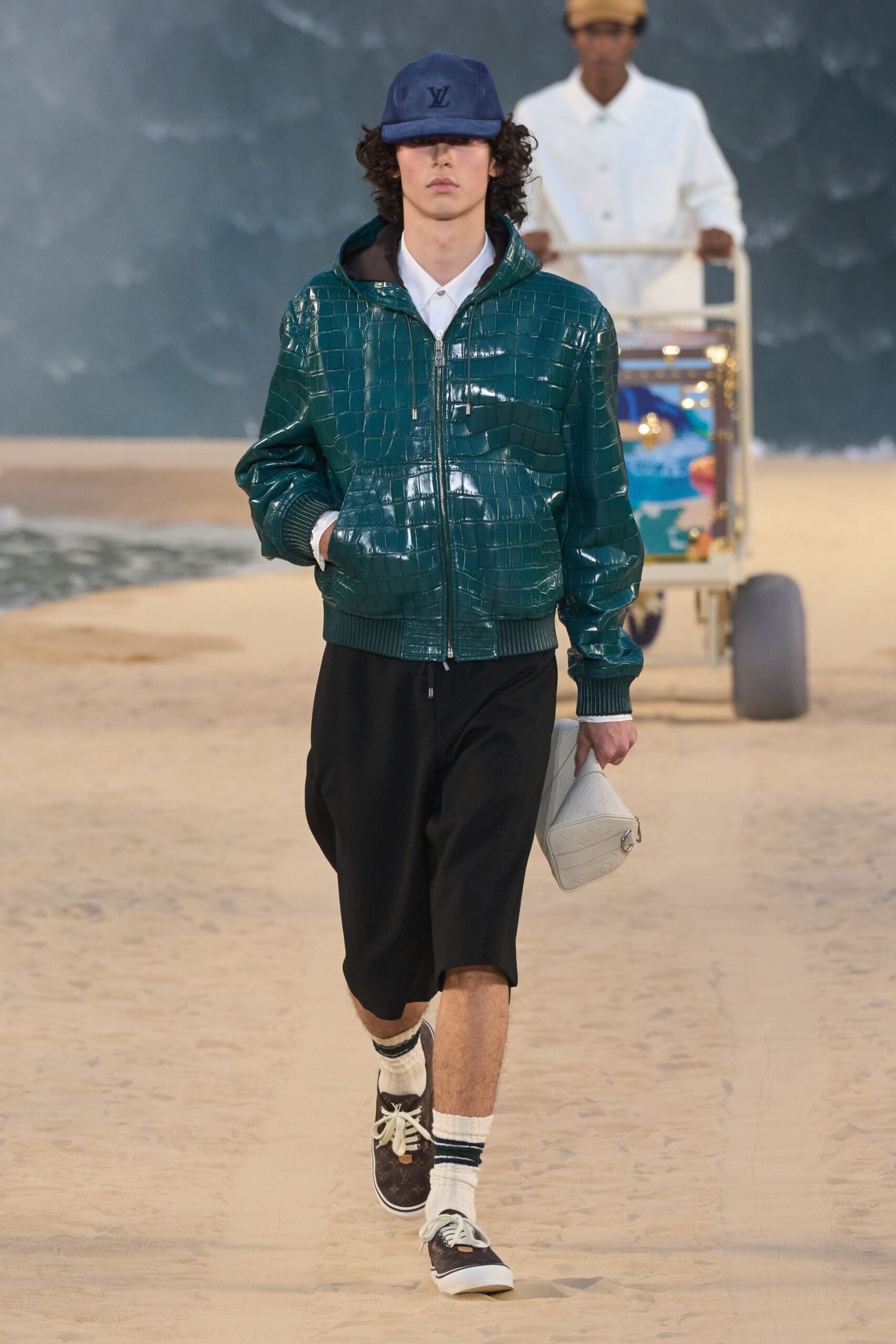 green leather long-sleeve hooded relaxed zippered textured jacket
