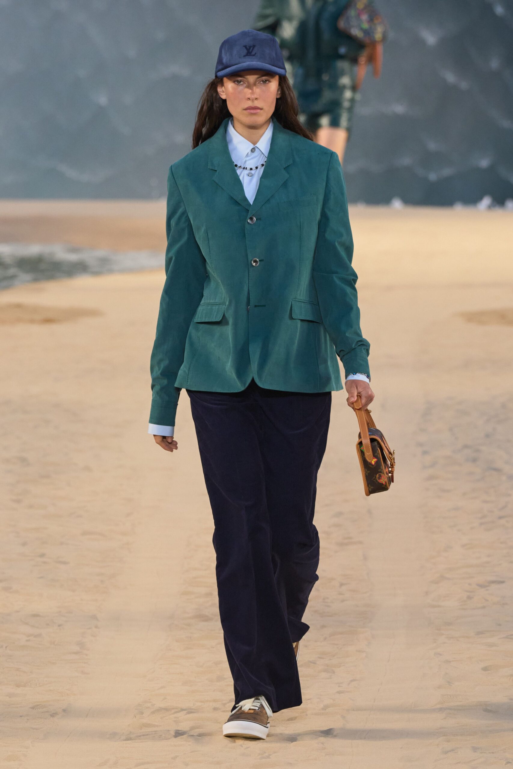 blue cotton slim straight-leg pants