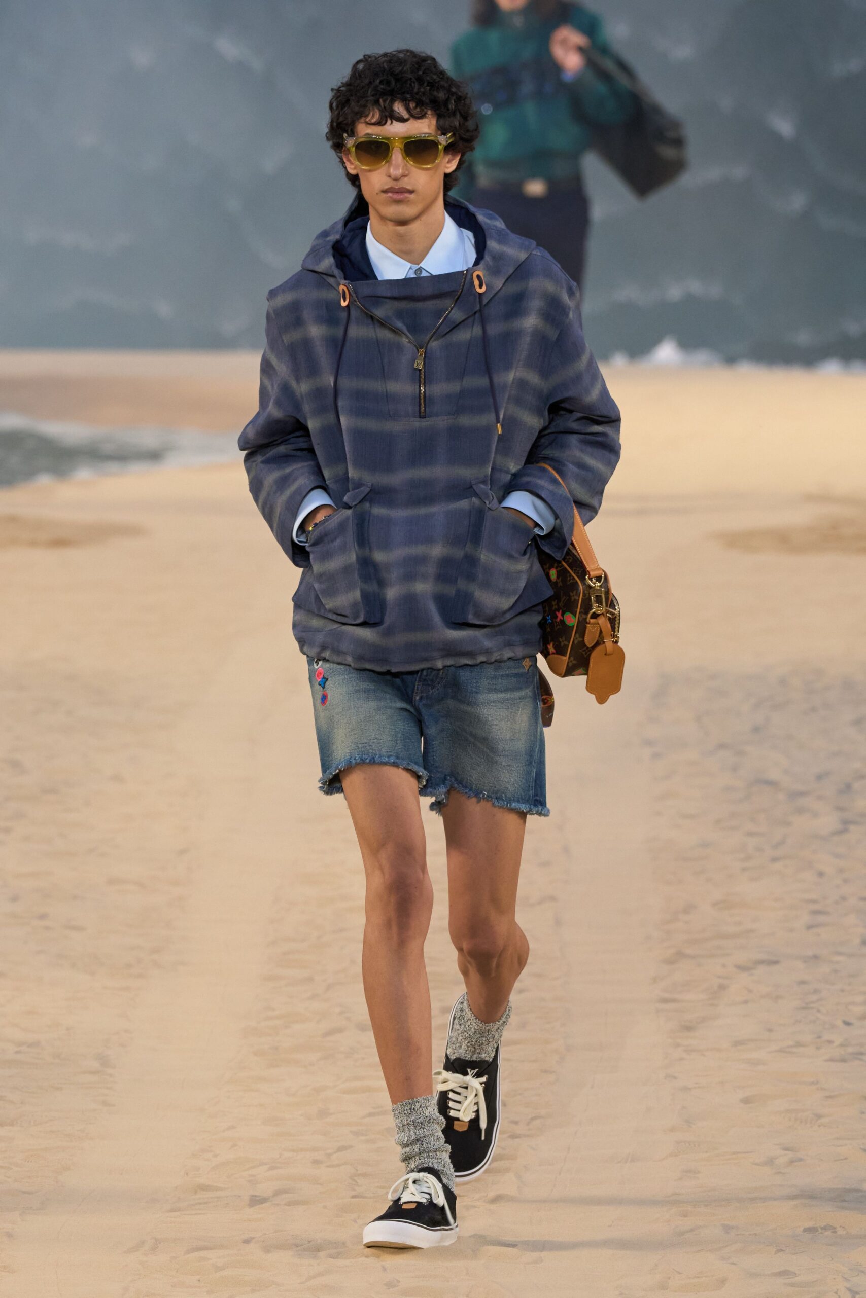 blue plaid hoodie with denim shorts
