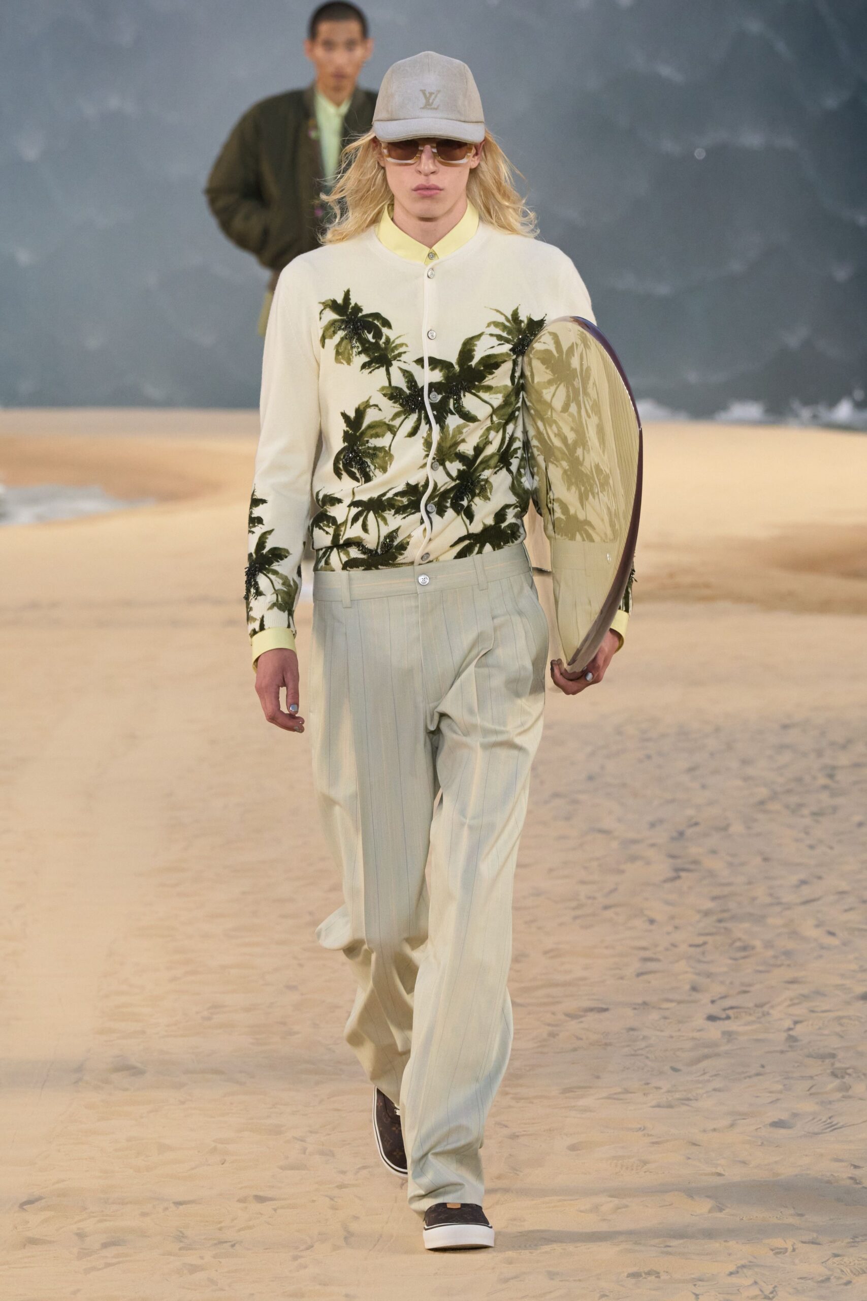 beige cotton tailored straight-leg pants