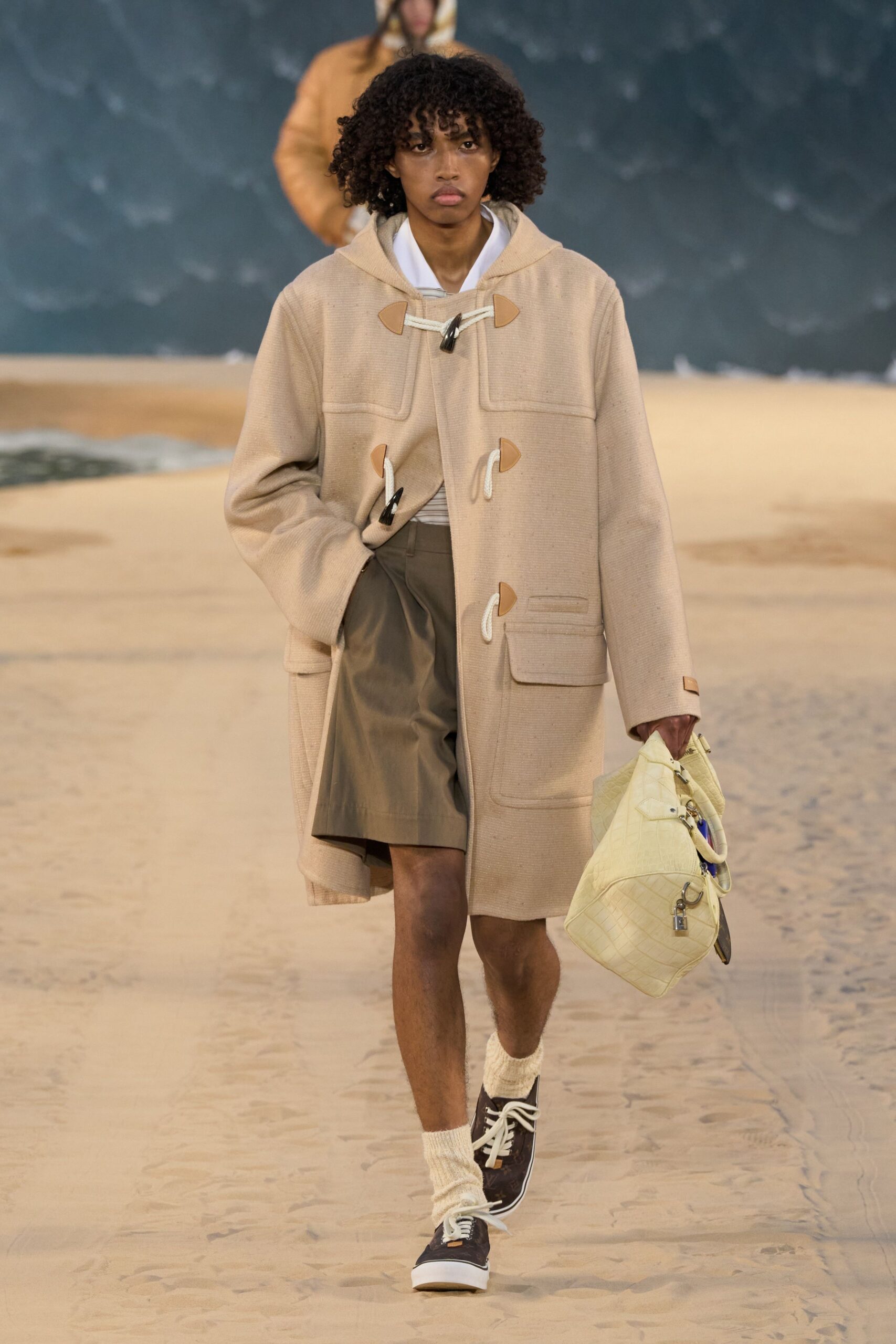 beige wool long-sleeve collared relaxed buttoned coat