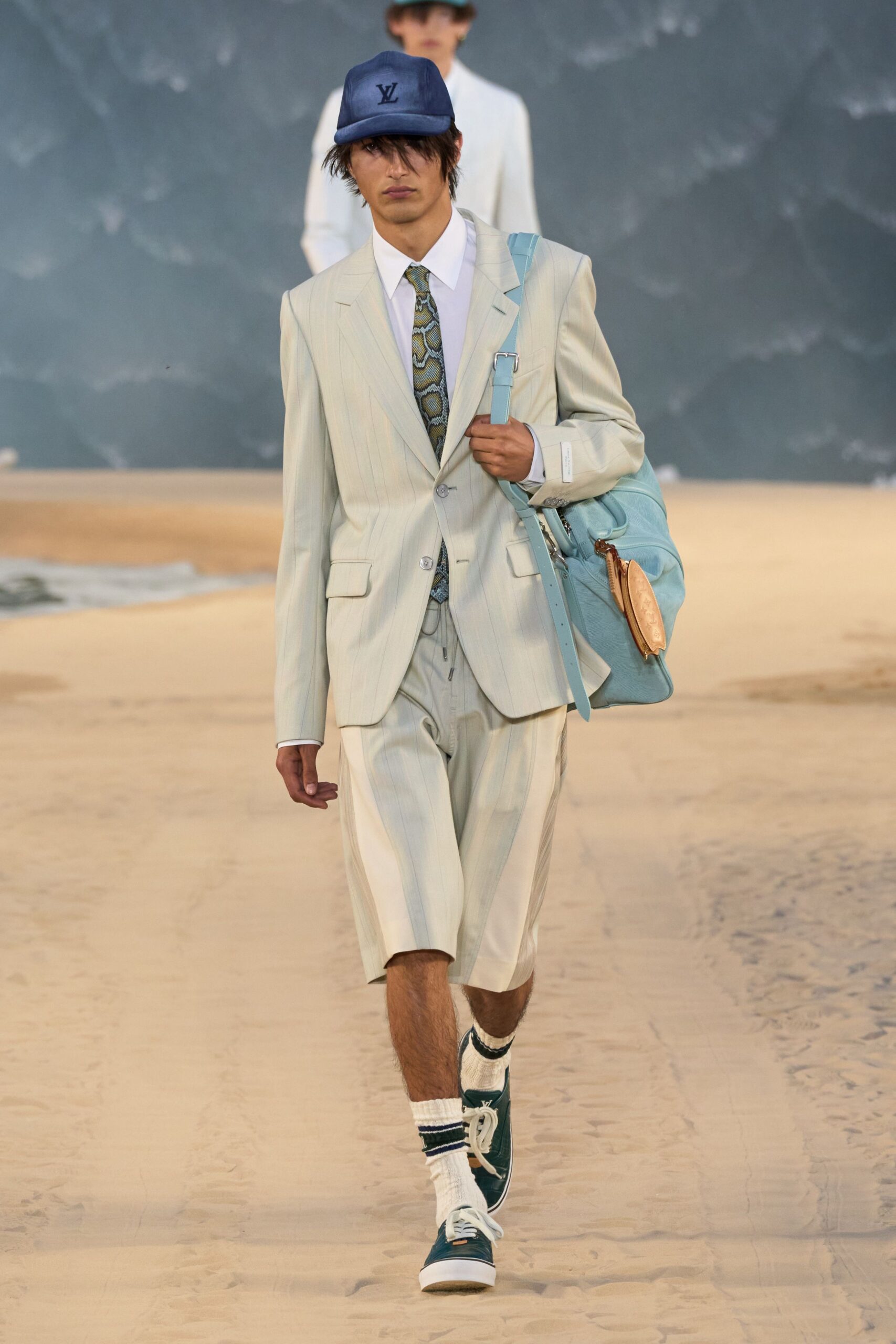 beige cotton short-sleeve collared tailored striped suit