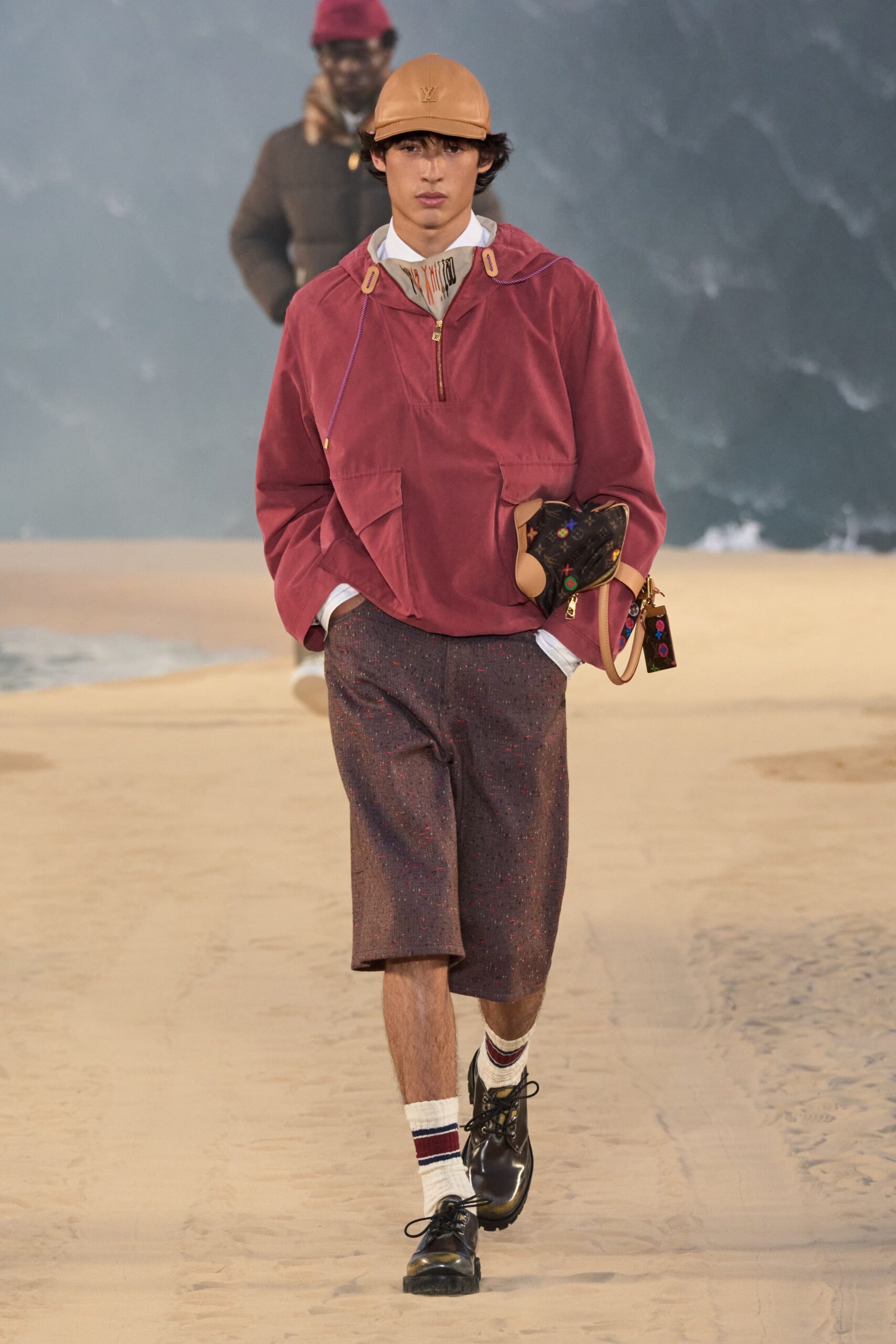 red cotton long-sleeve collared relaxed zippered jacket