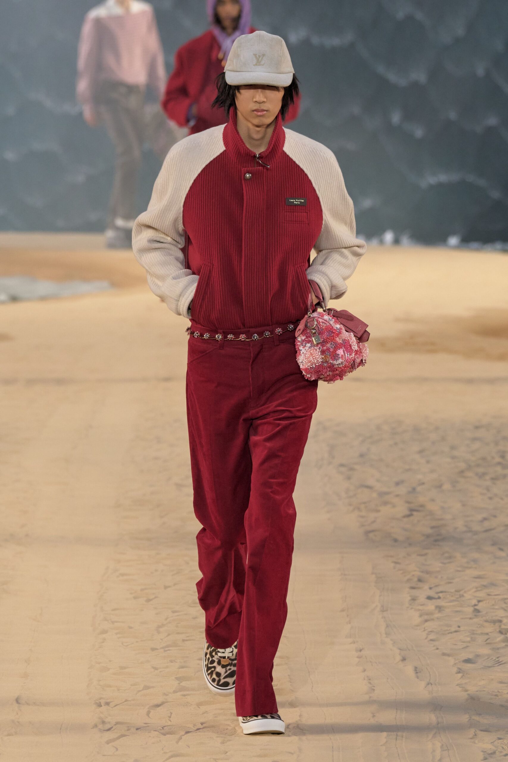 red cotton long-sleeve collared relaxed zippered jacket