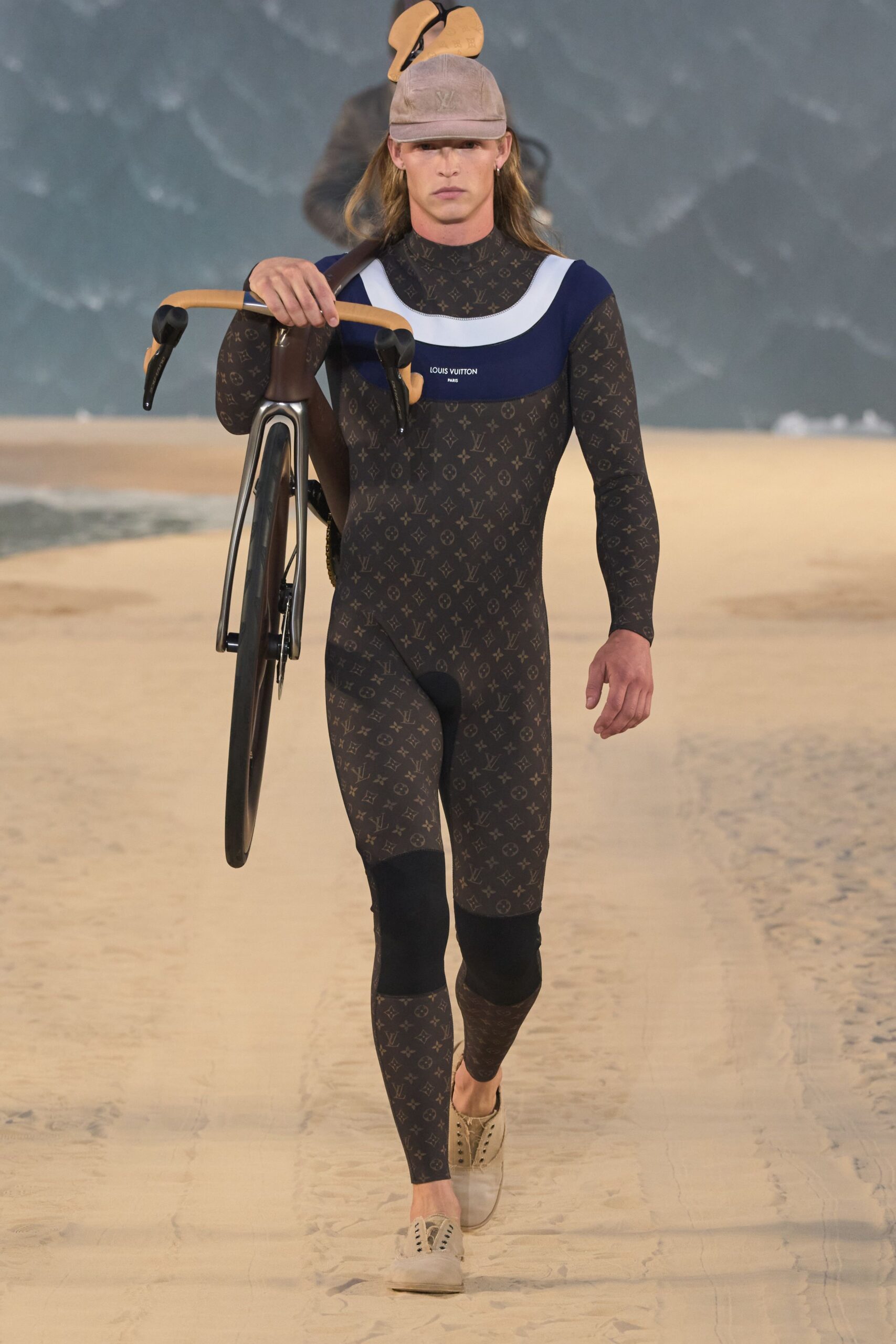 brown neoprene long-sleeve high-neck fitted printed catsuit