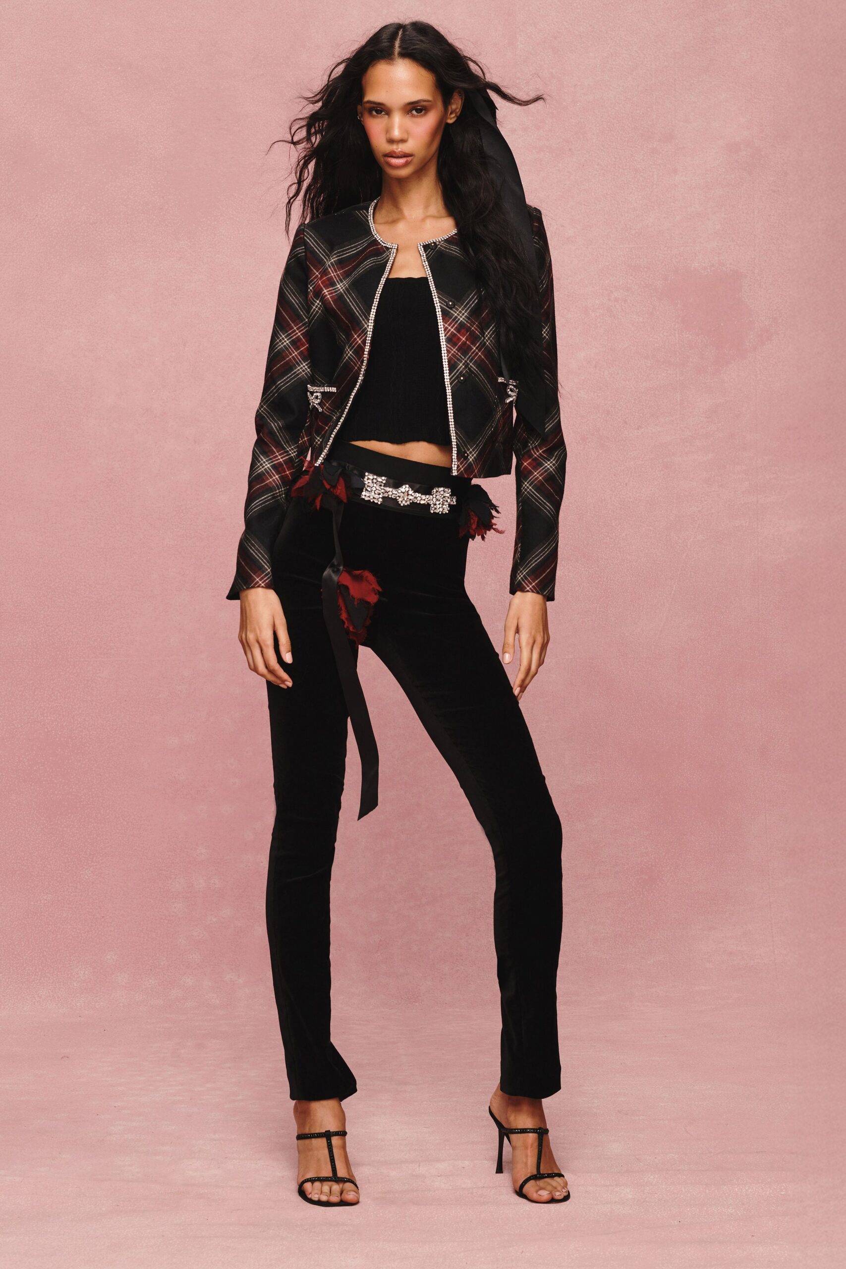 black silk long-sleeve collared fitted checked jacket
