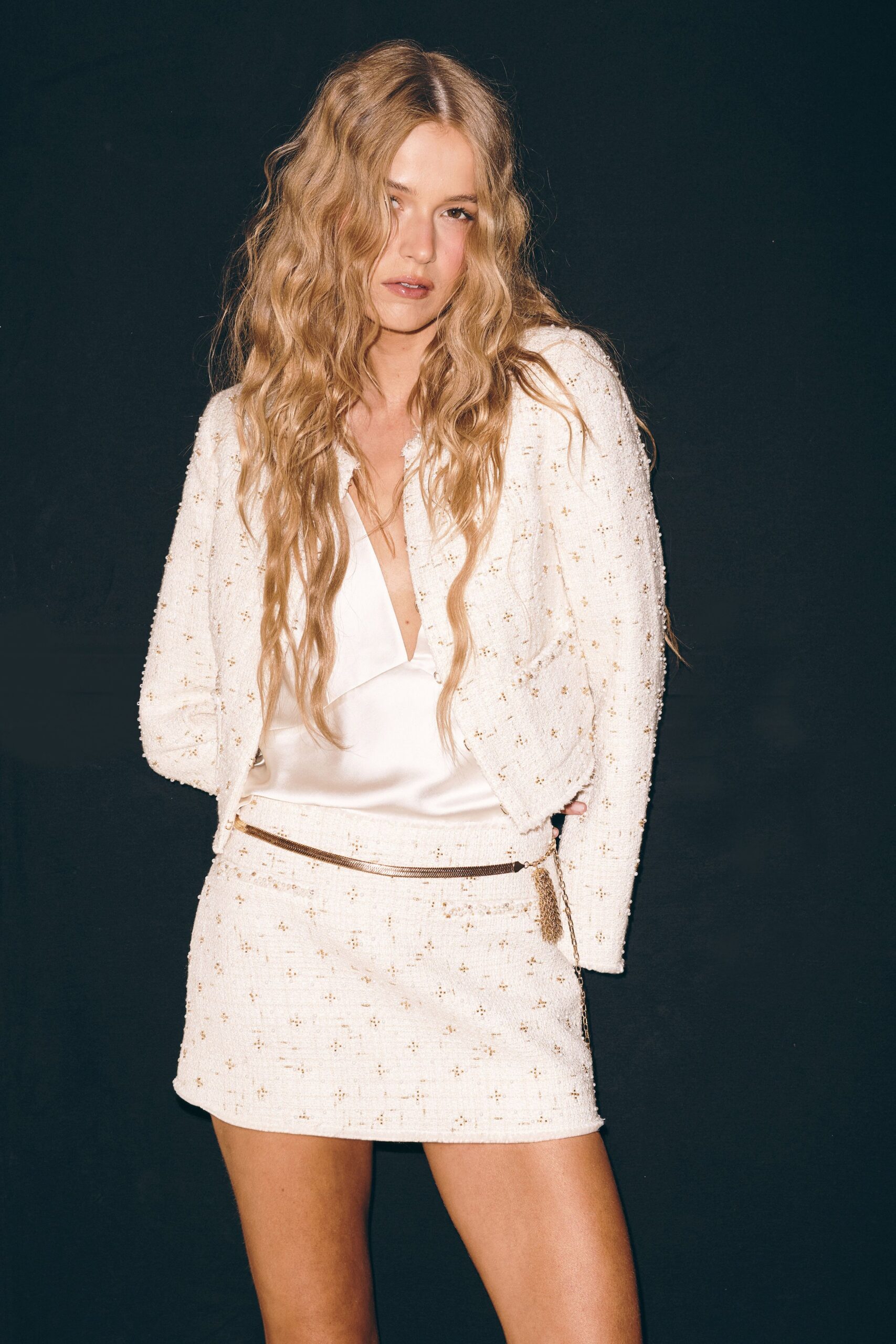 white silk v-neck fitted top