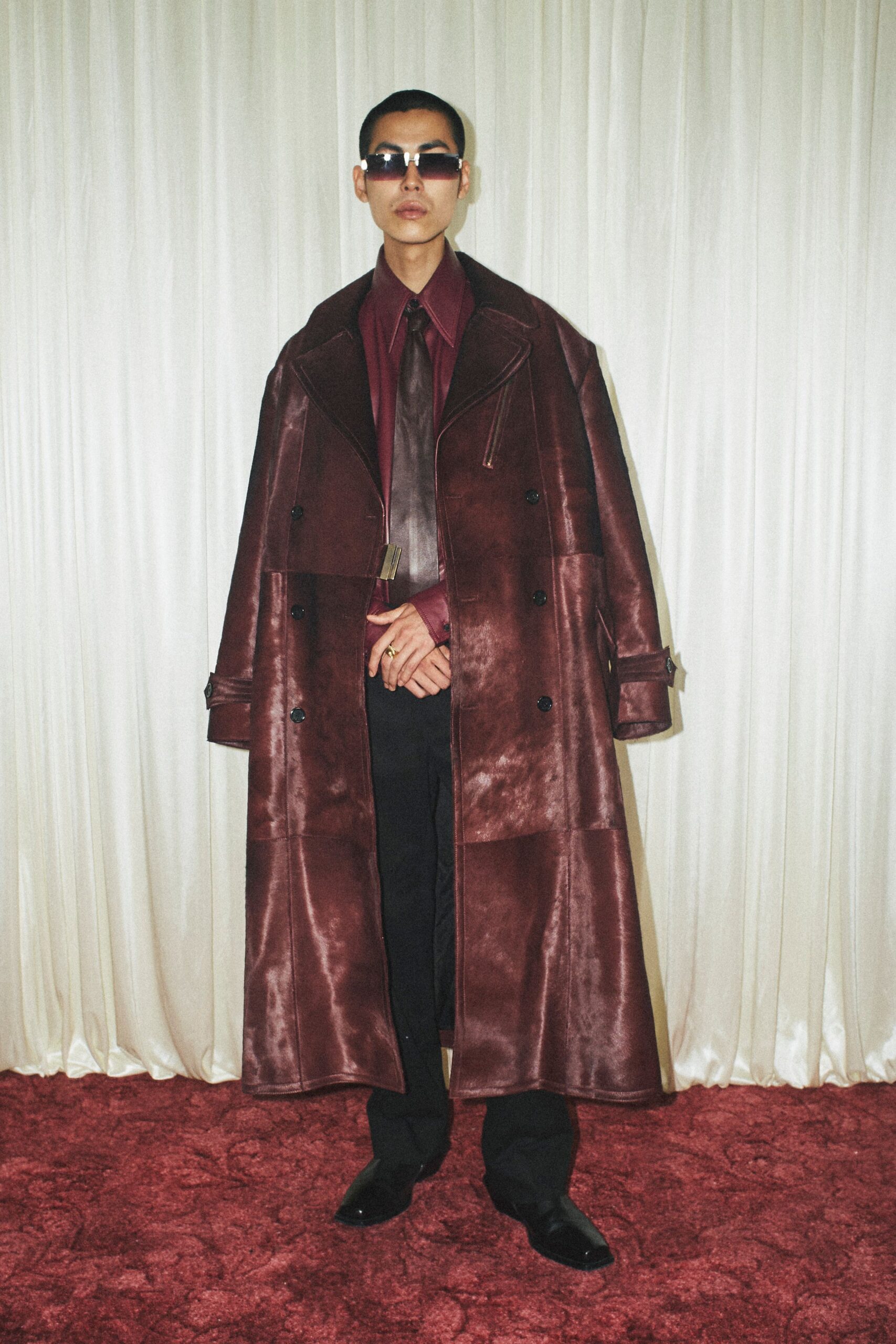 brown leather long-sleeve collared relaxed buttoned maxi coat