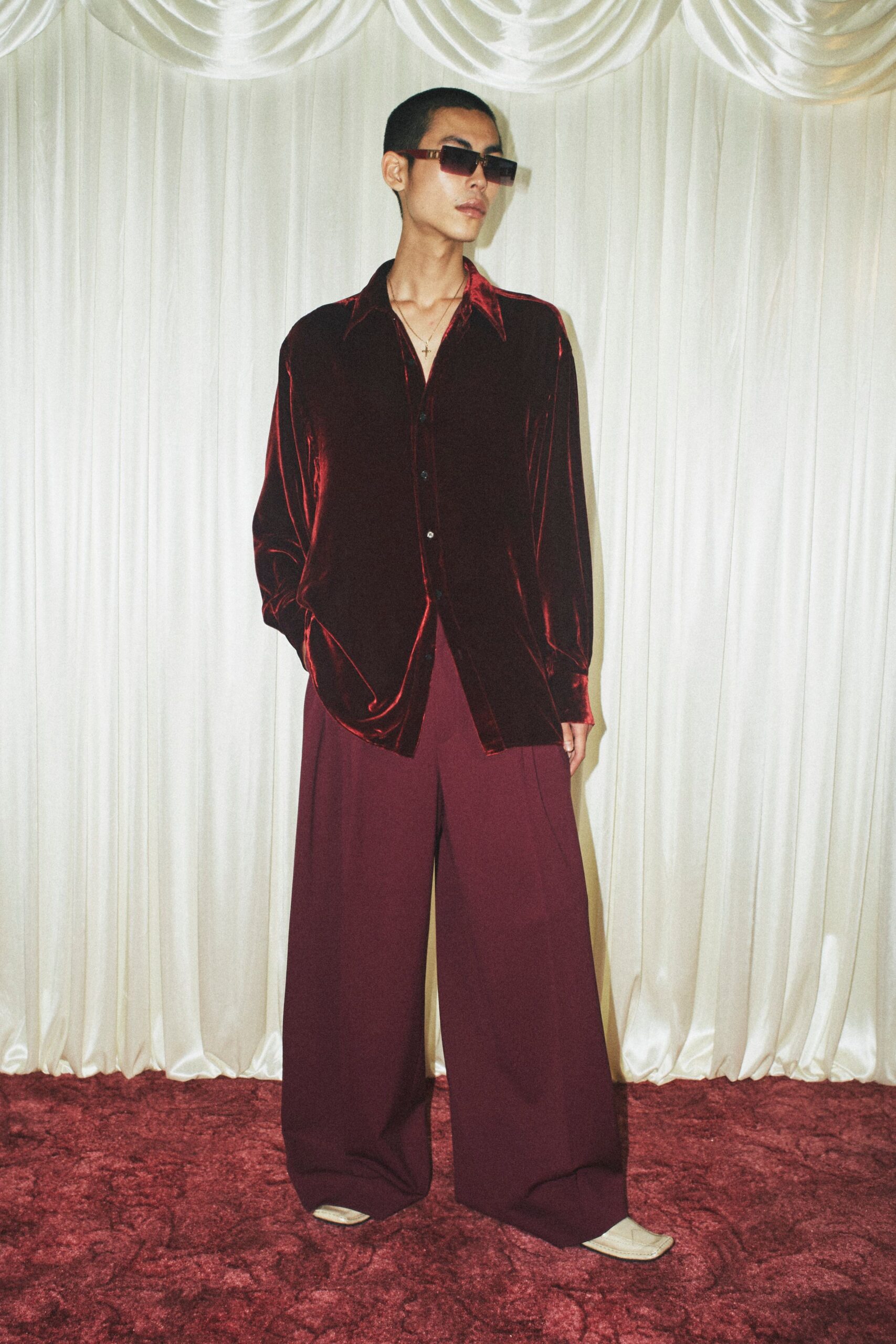 red velvet long-sleeve collared relaxed shirt