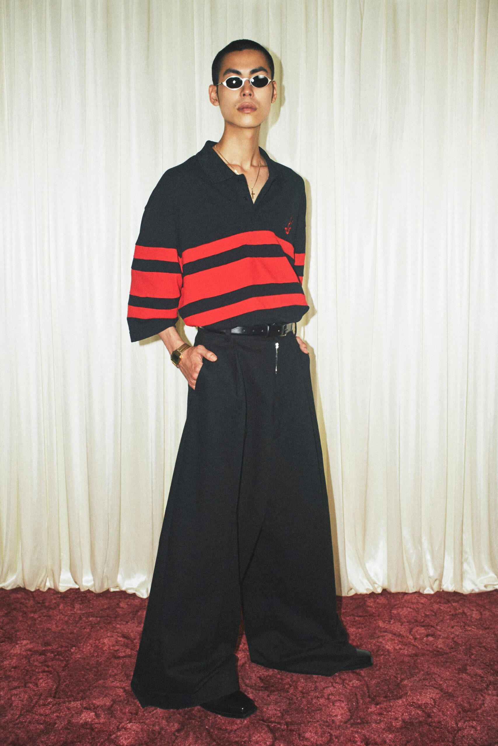 black and red relaxed shirt with wide-leg pants