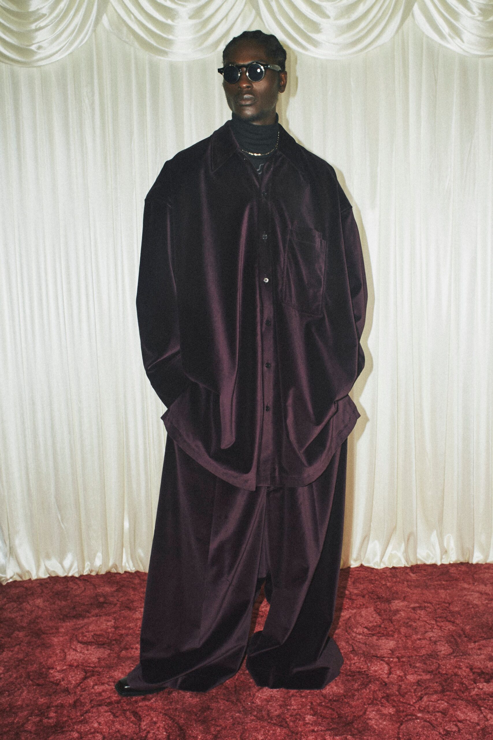 purple velvet long-sleeve collared oversized shirt