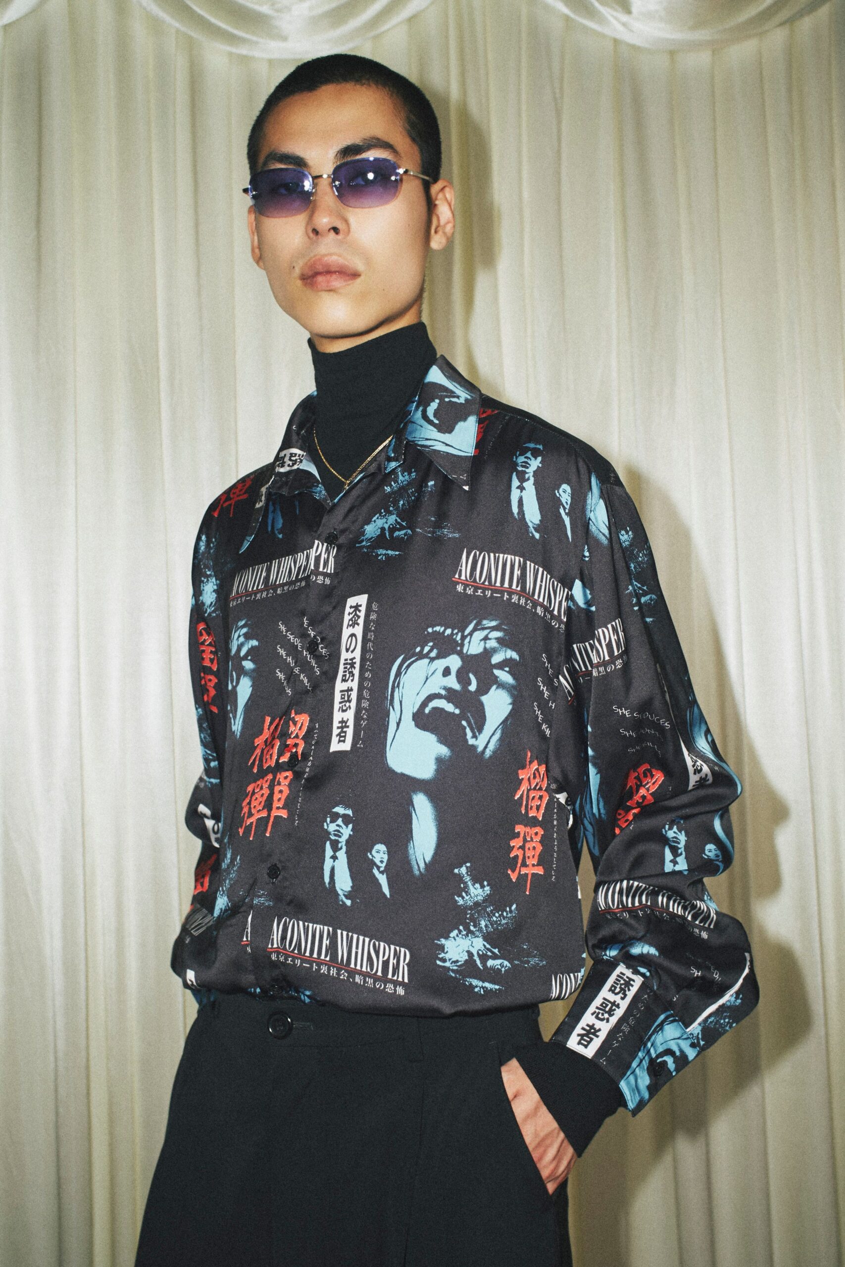 black silk long-sleeve collared relaxed printed shirt