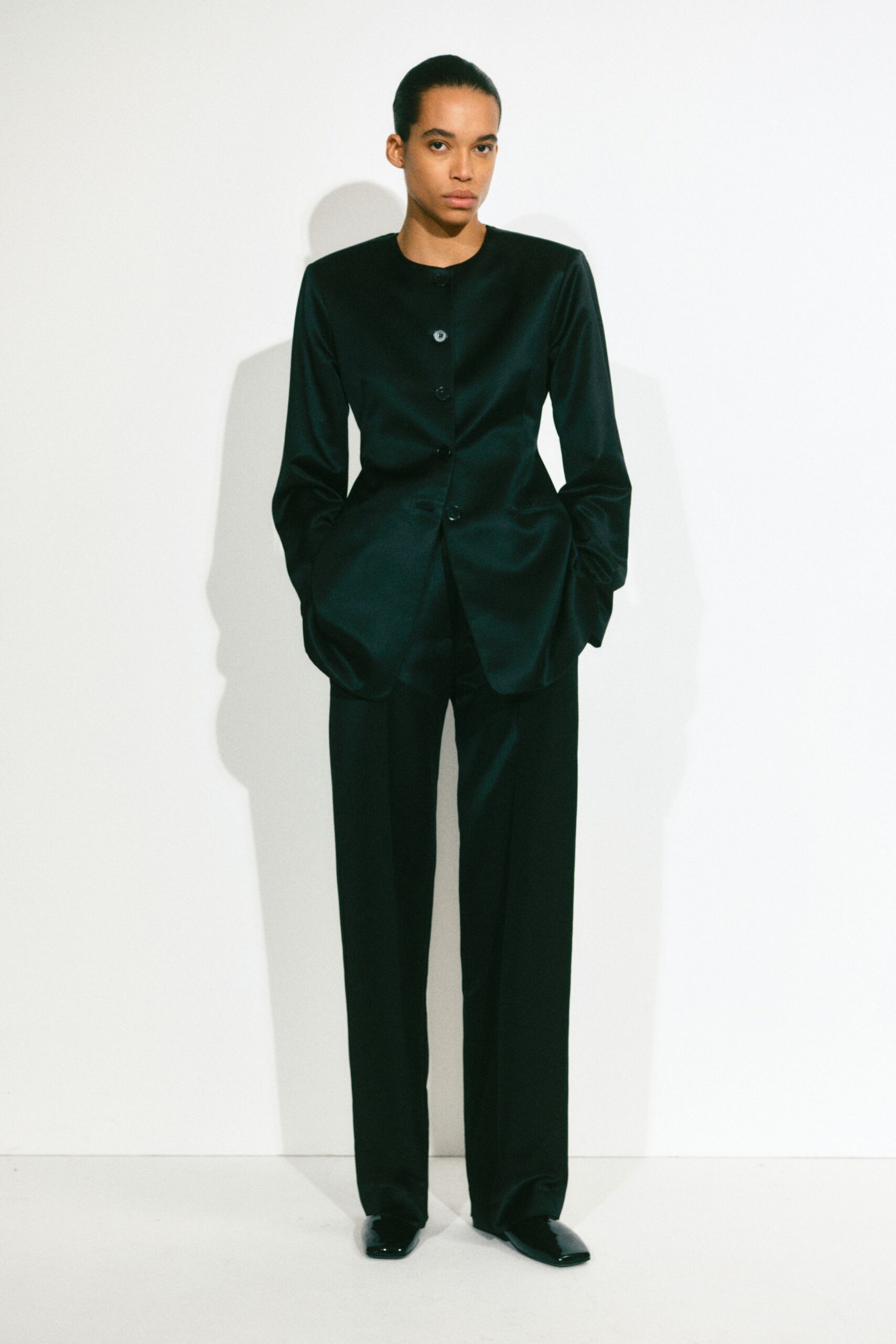 black silk tailored straight-leg pants