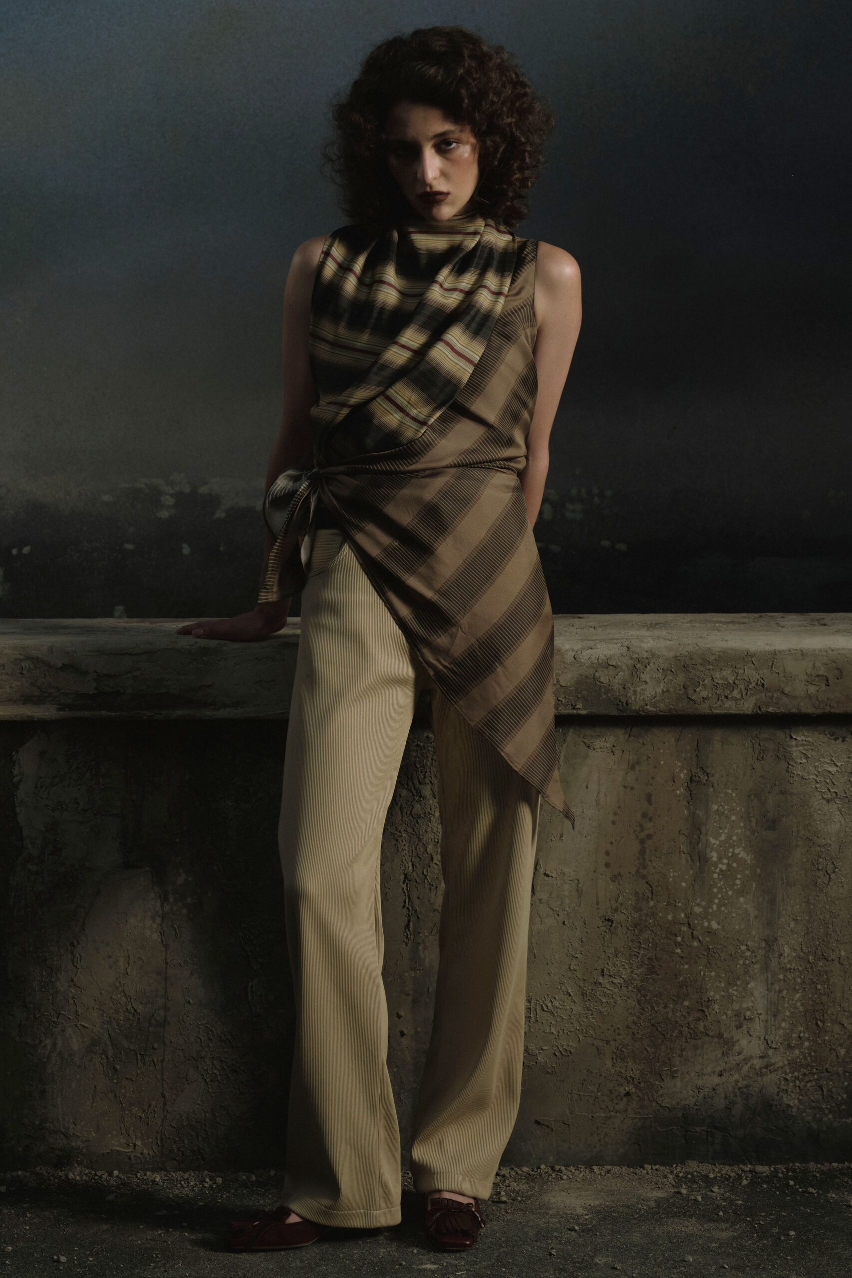 brown silk sleeveless high-neck relaxed checked layered top