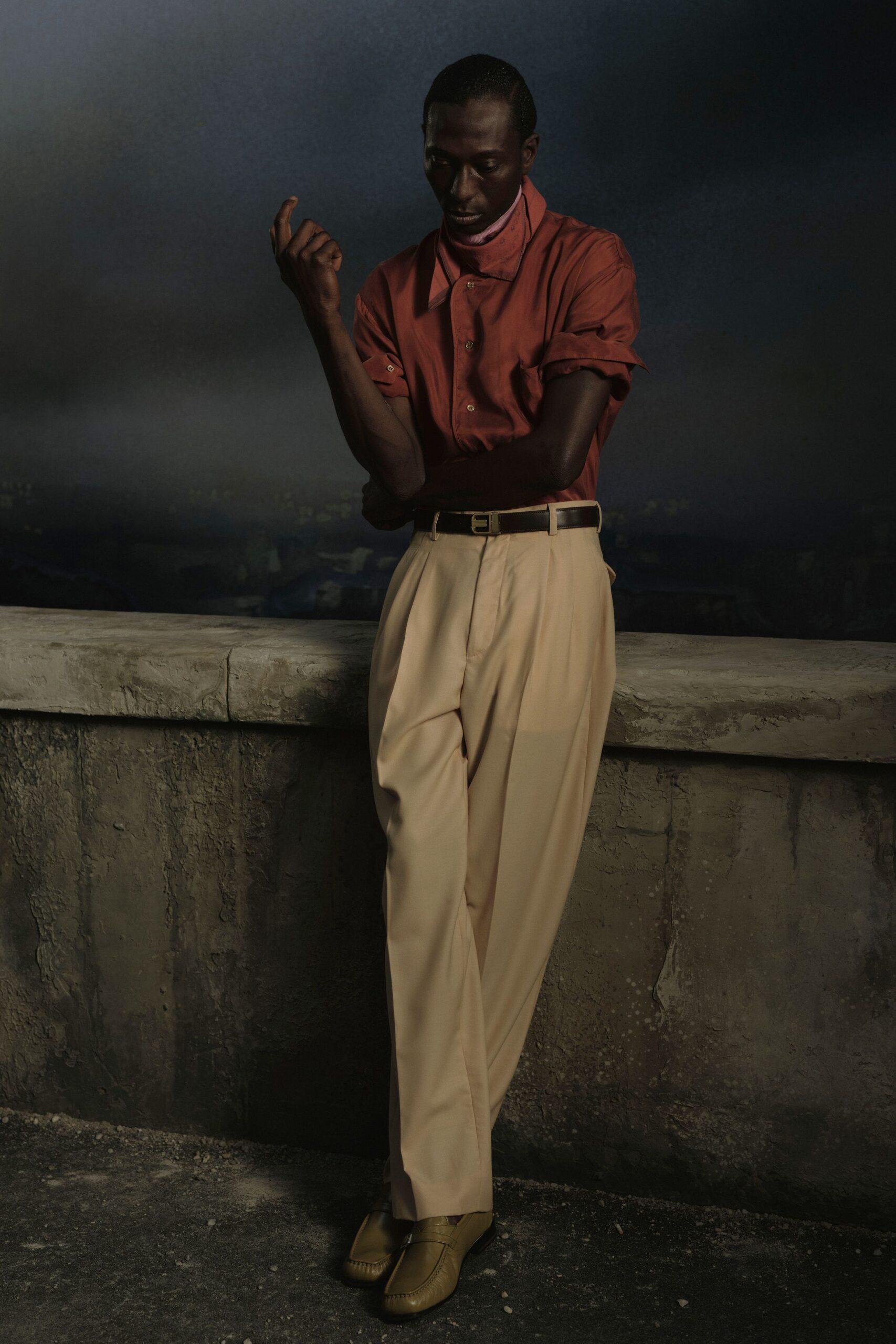 beige tailored straight-leg pants