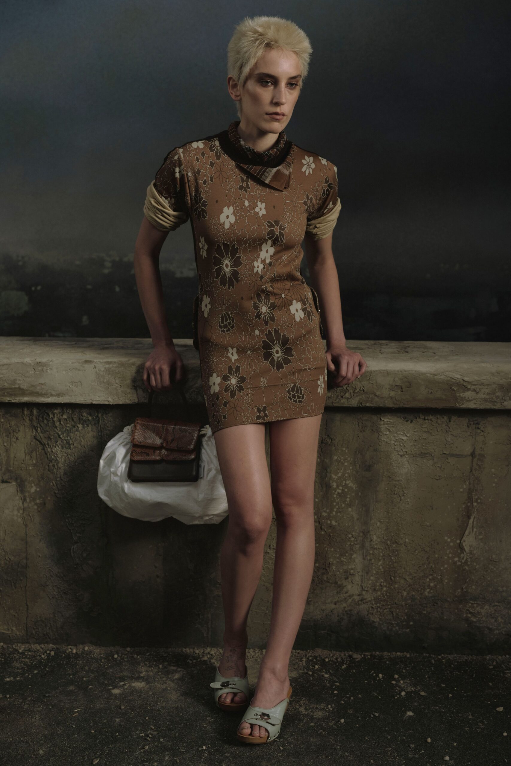 brown cotton short-sleeve collared fitted floral embroidered mini-dress