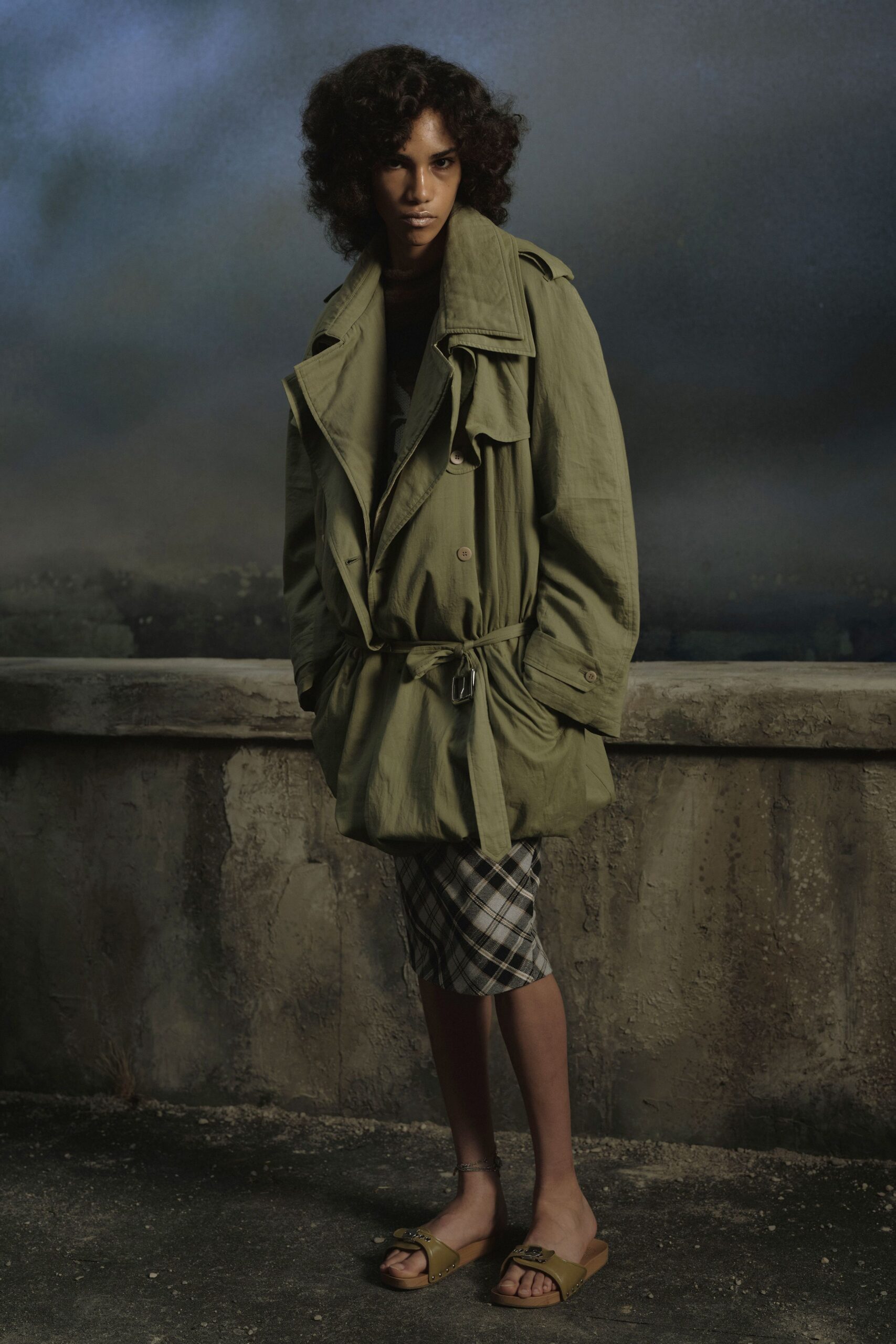 green cotton long-sleeve collared relaxed belted buttoned coat