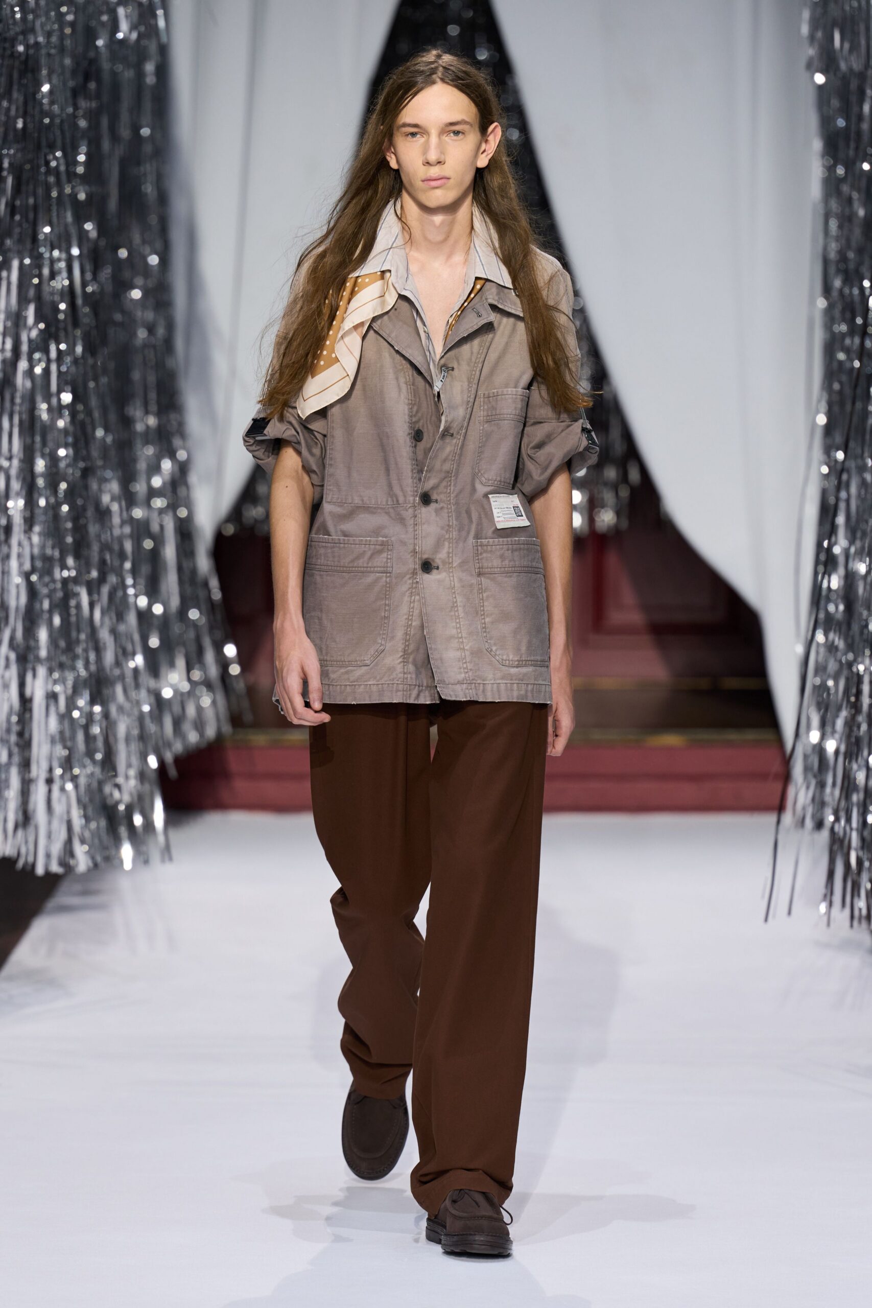 gray relaxed jacket with brown pants