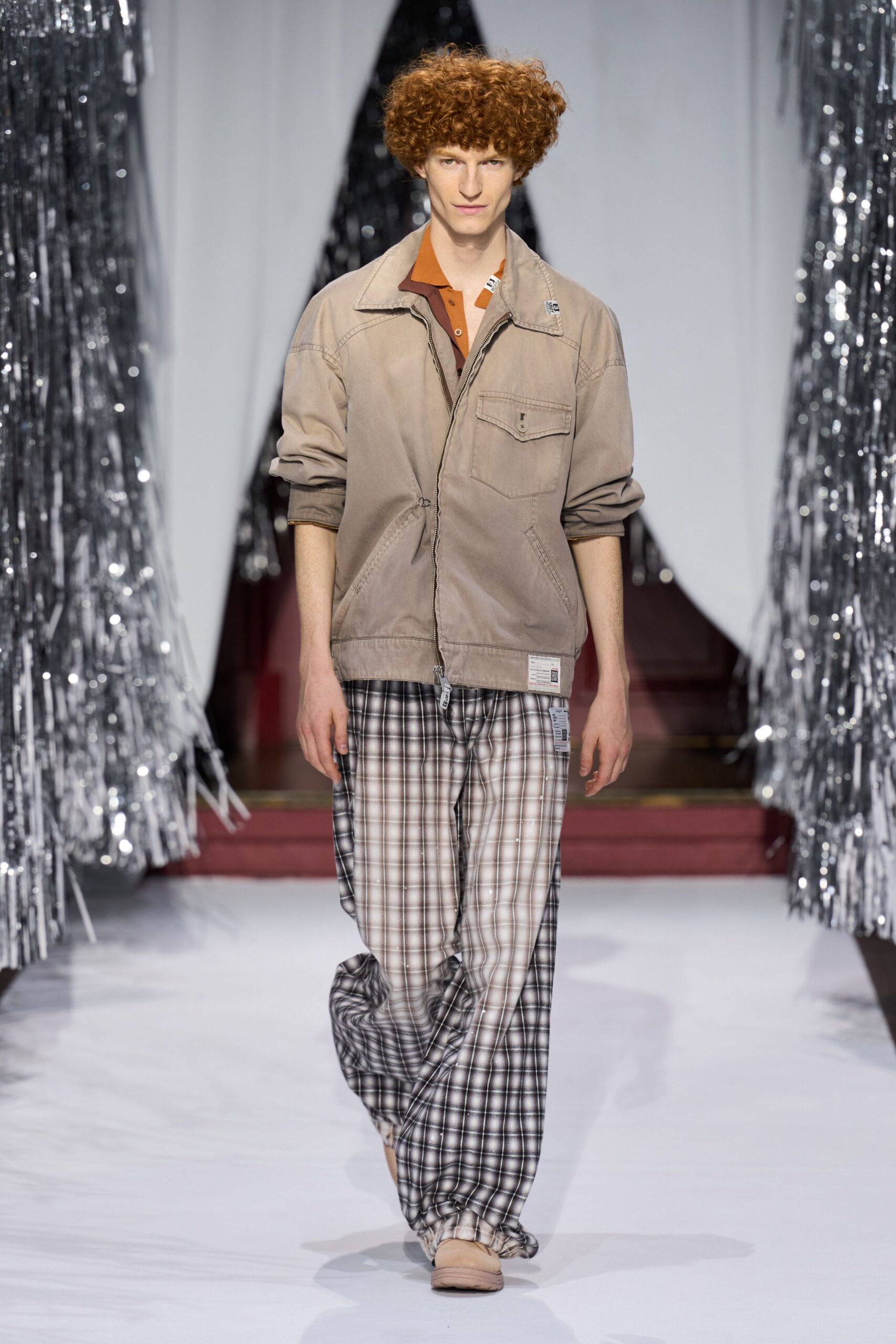 beige jacket with checked pants