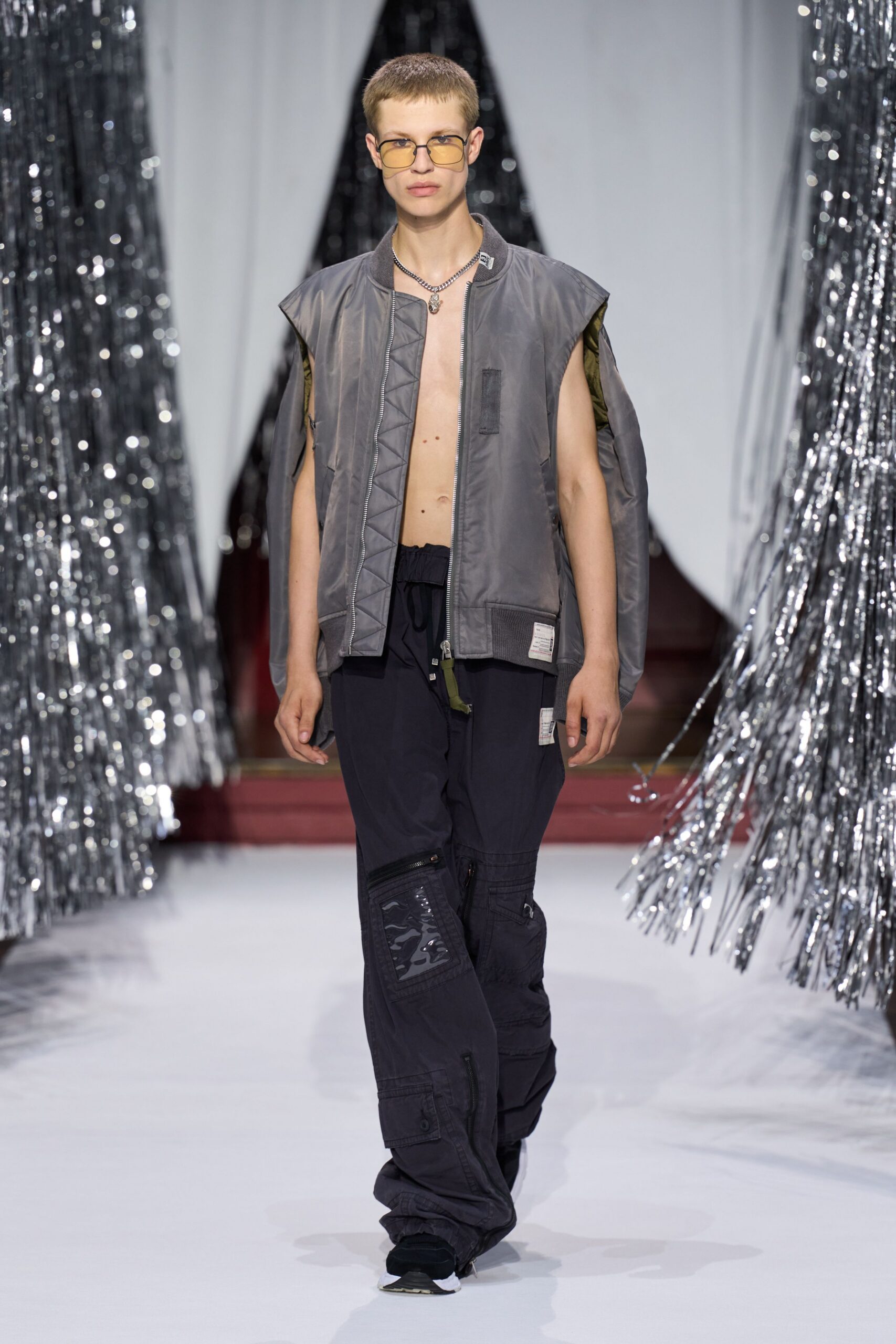 gray relaxed vest with cargo pants