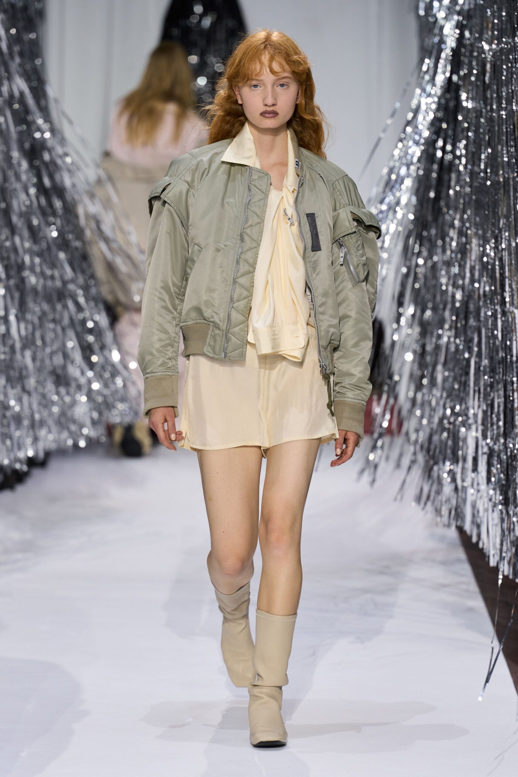 green relaxed jacket beige dress